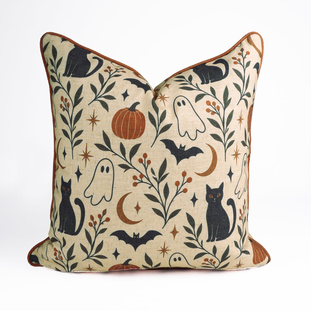 Spooky Cats &amp; Ghosts Halloween Piping Linen Throw Cushion