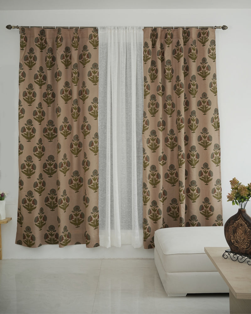 Badshah Grey and Green Floral Hand Block Print Curtain by Fabdivine