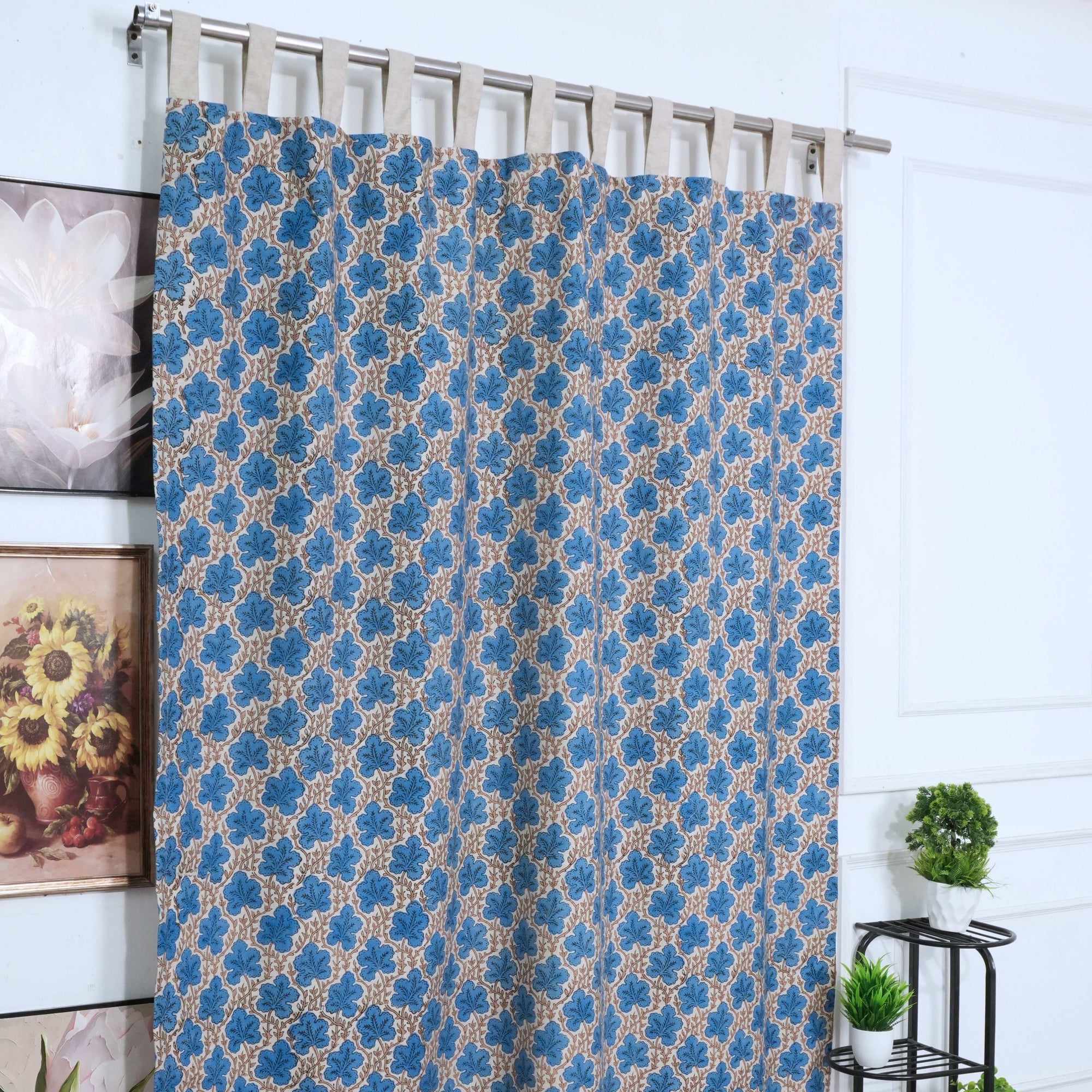 Cornflower Blue Leaf Vine Hand Block Print Linen Tab Top Drapes - Pushpsamhita