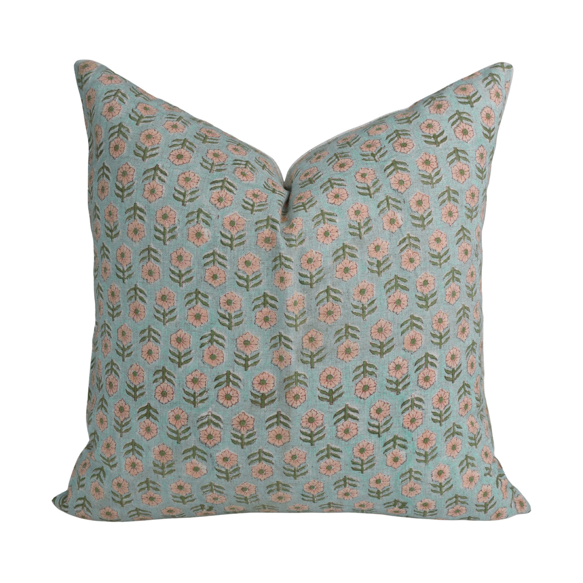 Tulsi Buti Block Print Sage Green Floral Linen Cushion Cover