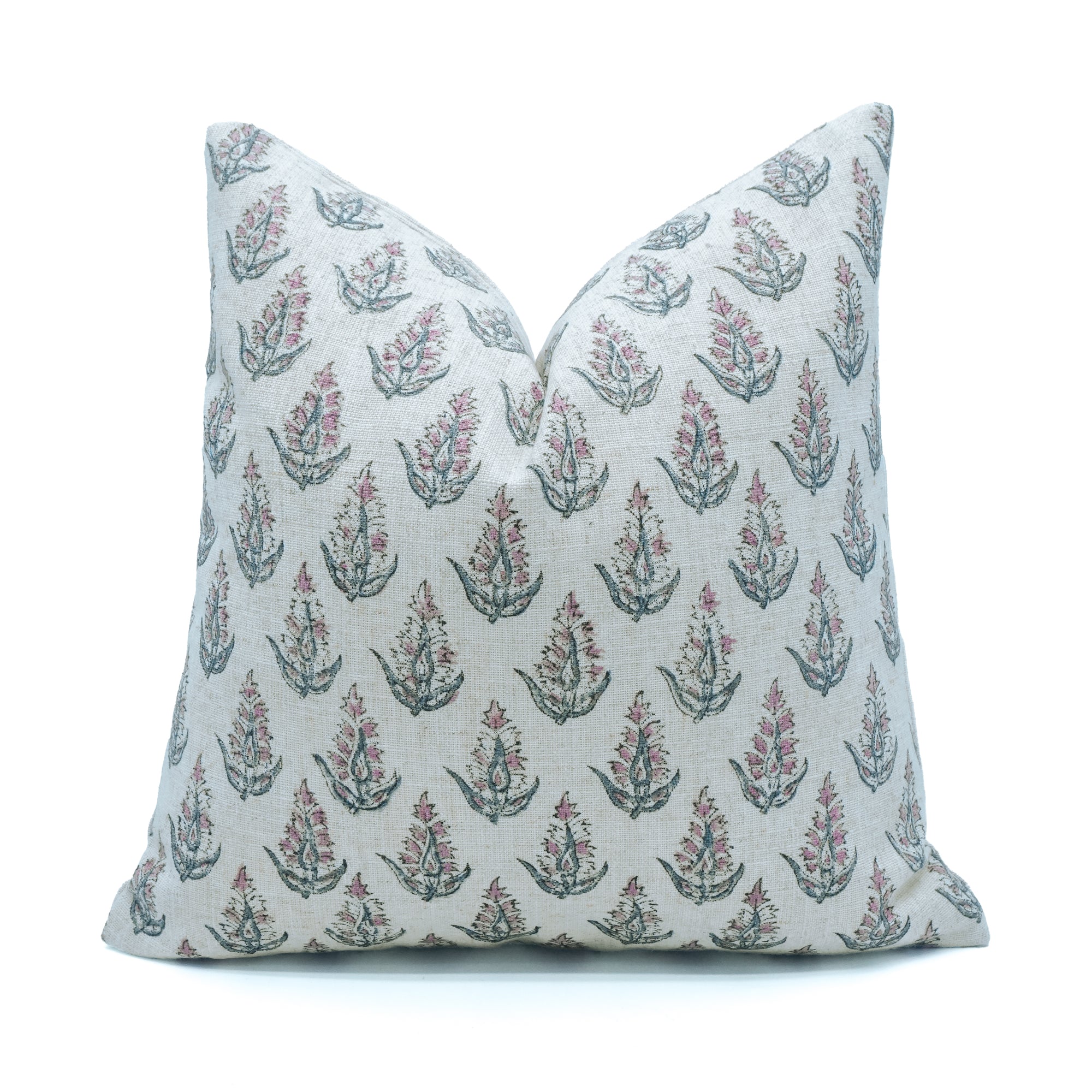 Hand Print Viscose Linen Pink Floral Cushion - Kanak Buti
