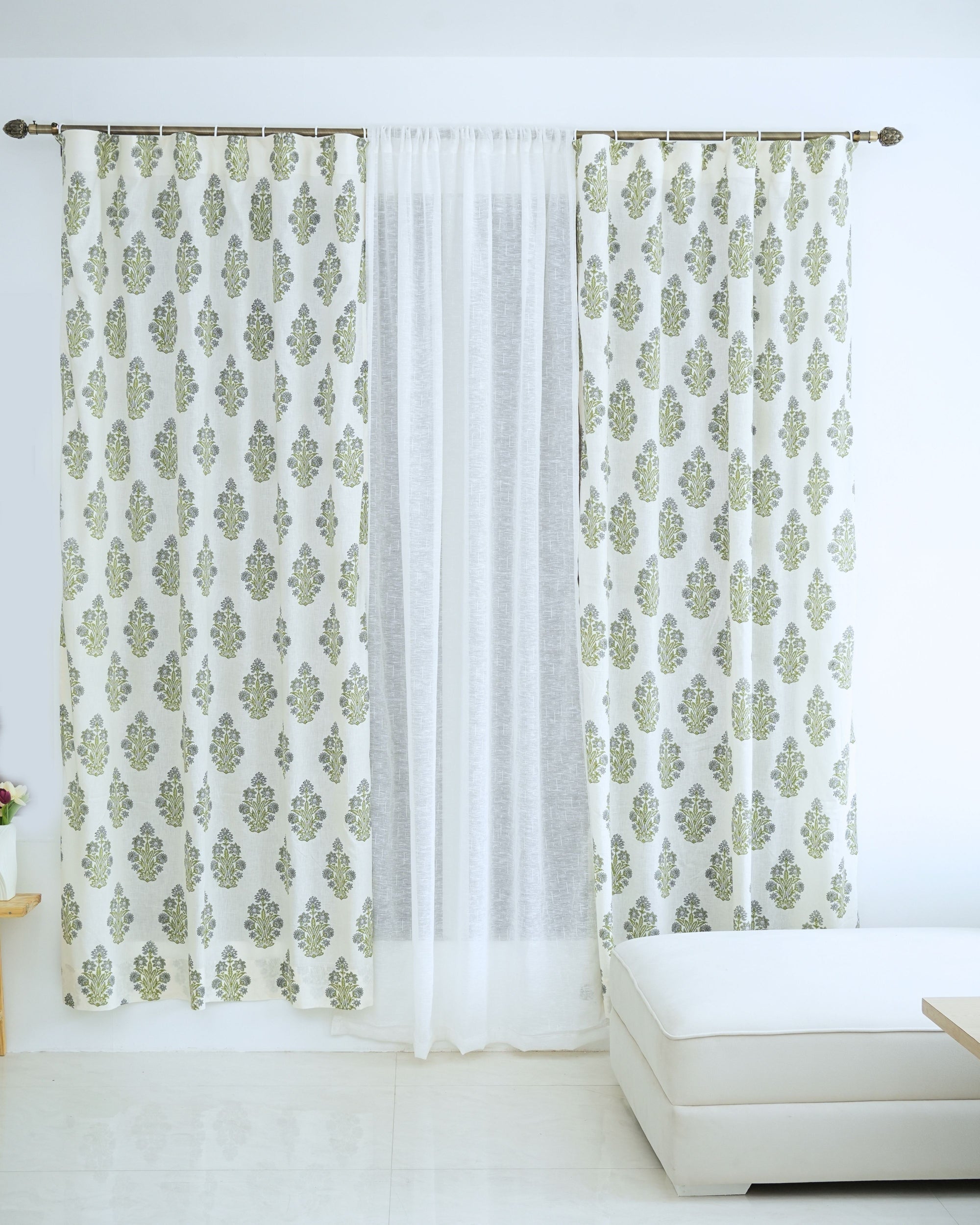 Indian Block Print Ring Curtain in Green & Grey Floral - Morpankh