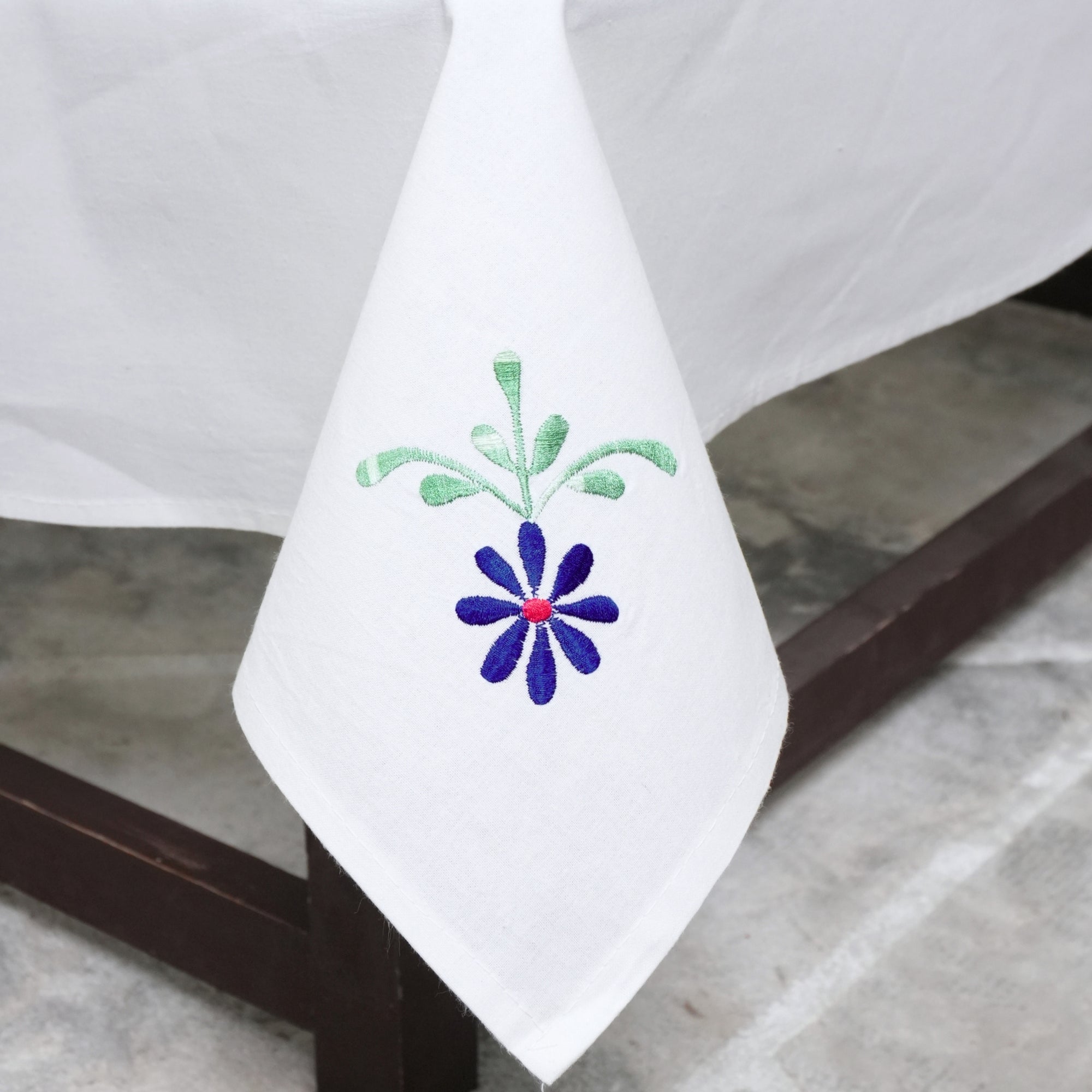 Green Blue Floral Boho Indian Artisan Embroidered Table Cover