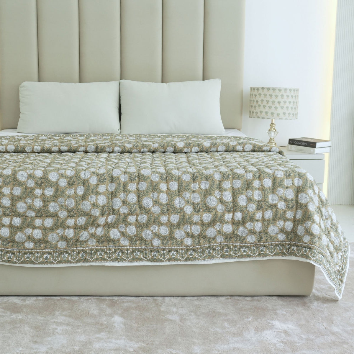 Beige Floral Block Print Cotton Reversible Quilt - Rajat Design