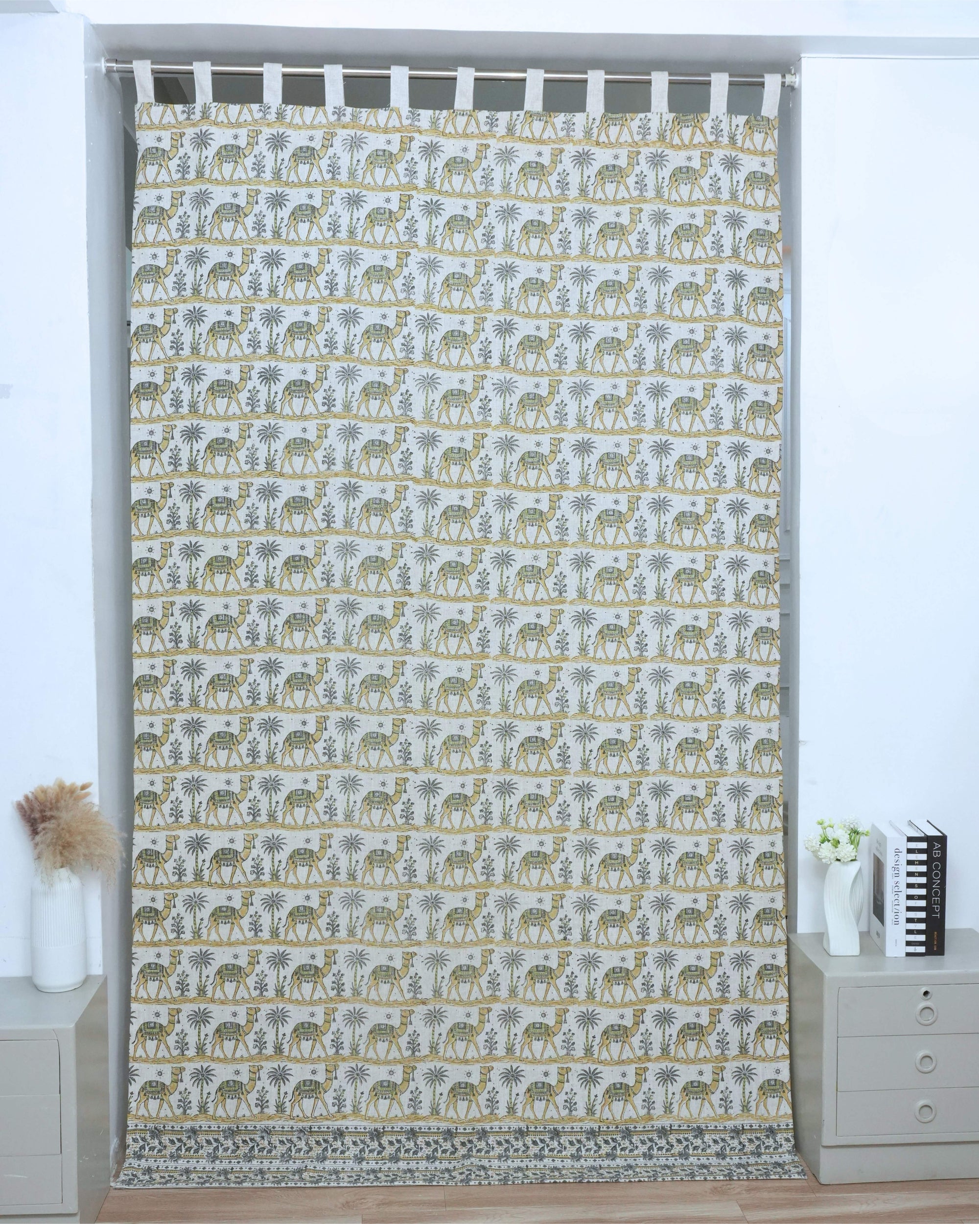 Camel Hand Block Print Tab Top Curtains — Gray &amp; Yellow Viscose Linen