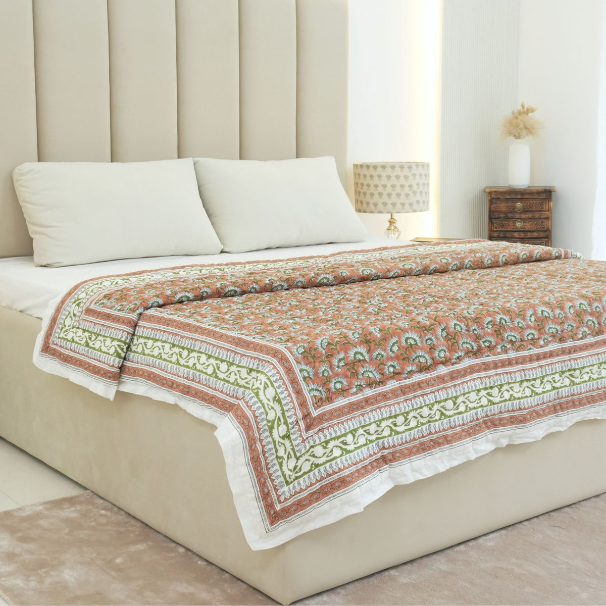 Block Print Floral Border Decorative Cotton Quilt - Rajanigandha