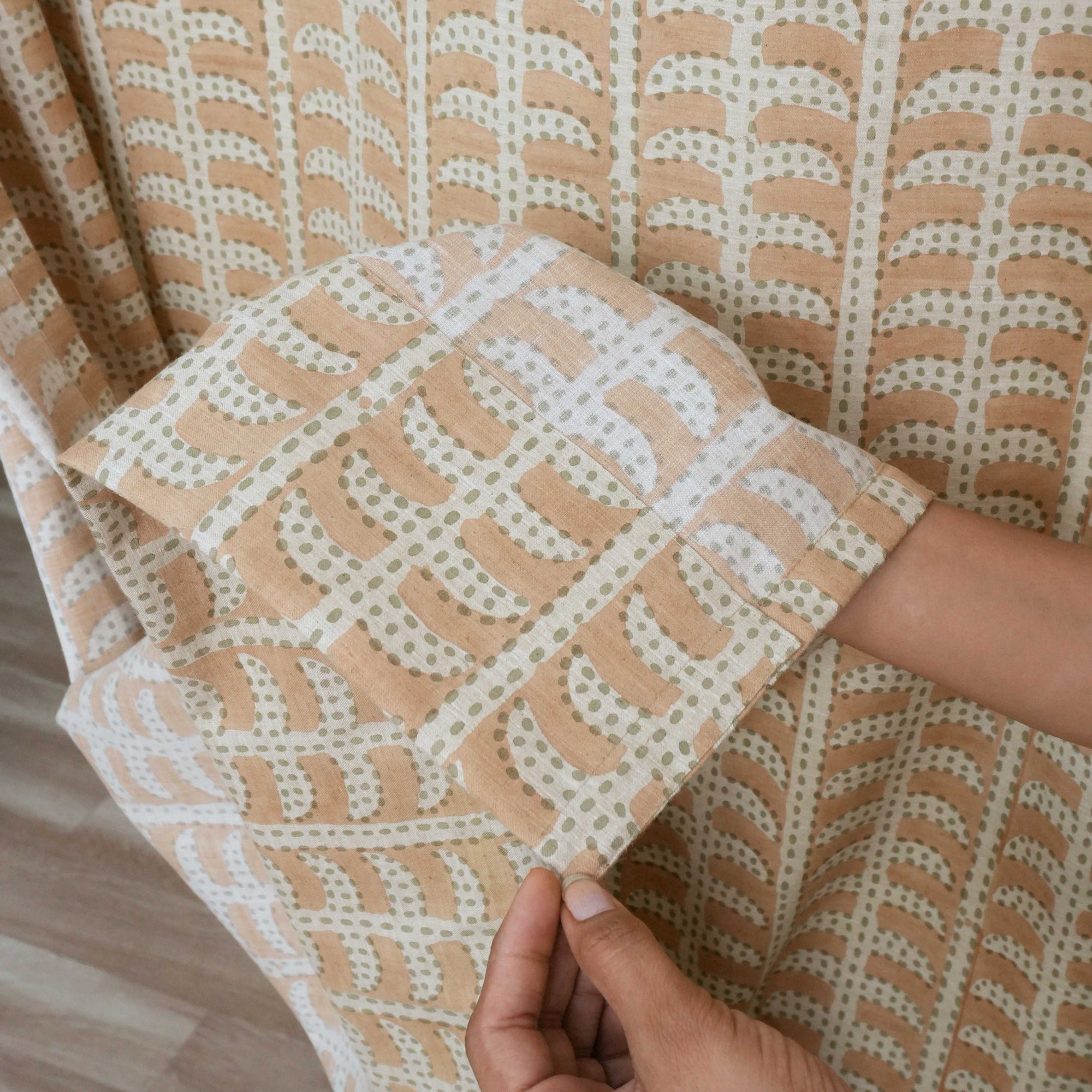 Garud Hand Block Print Tab Top Curtains | Peach Stripe Linen