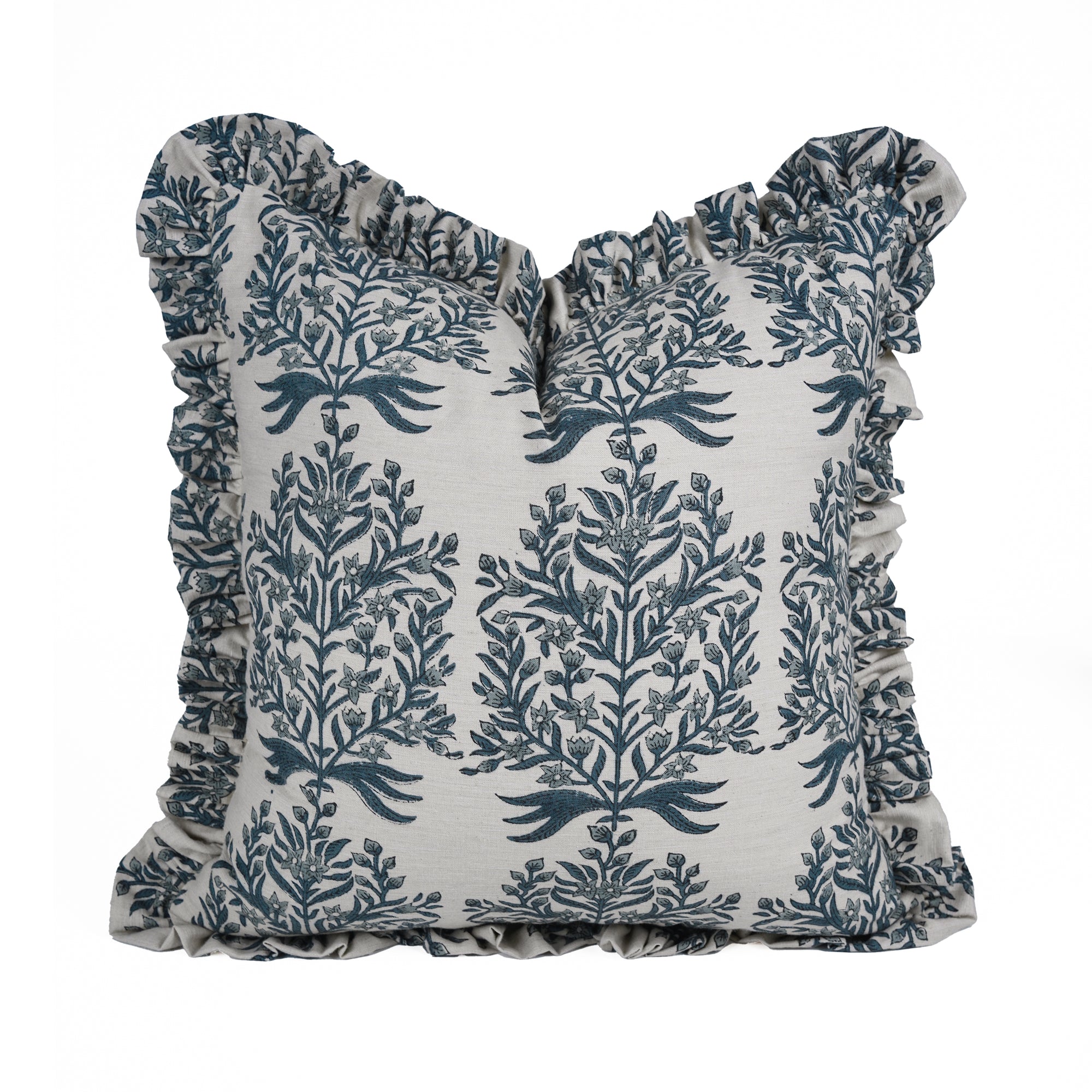 Vrindavan Block Print Frill Pillow Cover on Linen Blend