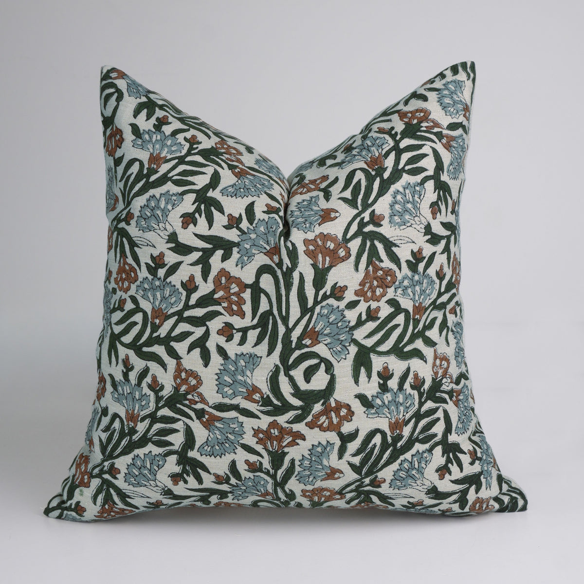 Block Print Thorny Stems Dusty Blue Linen Blend Cushion Cover