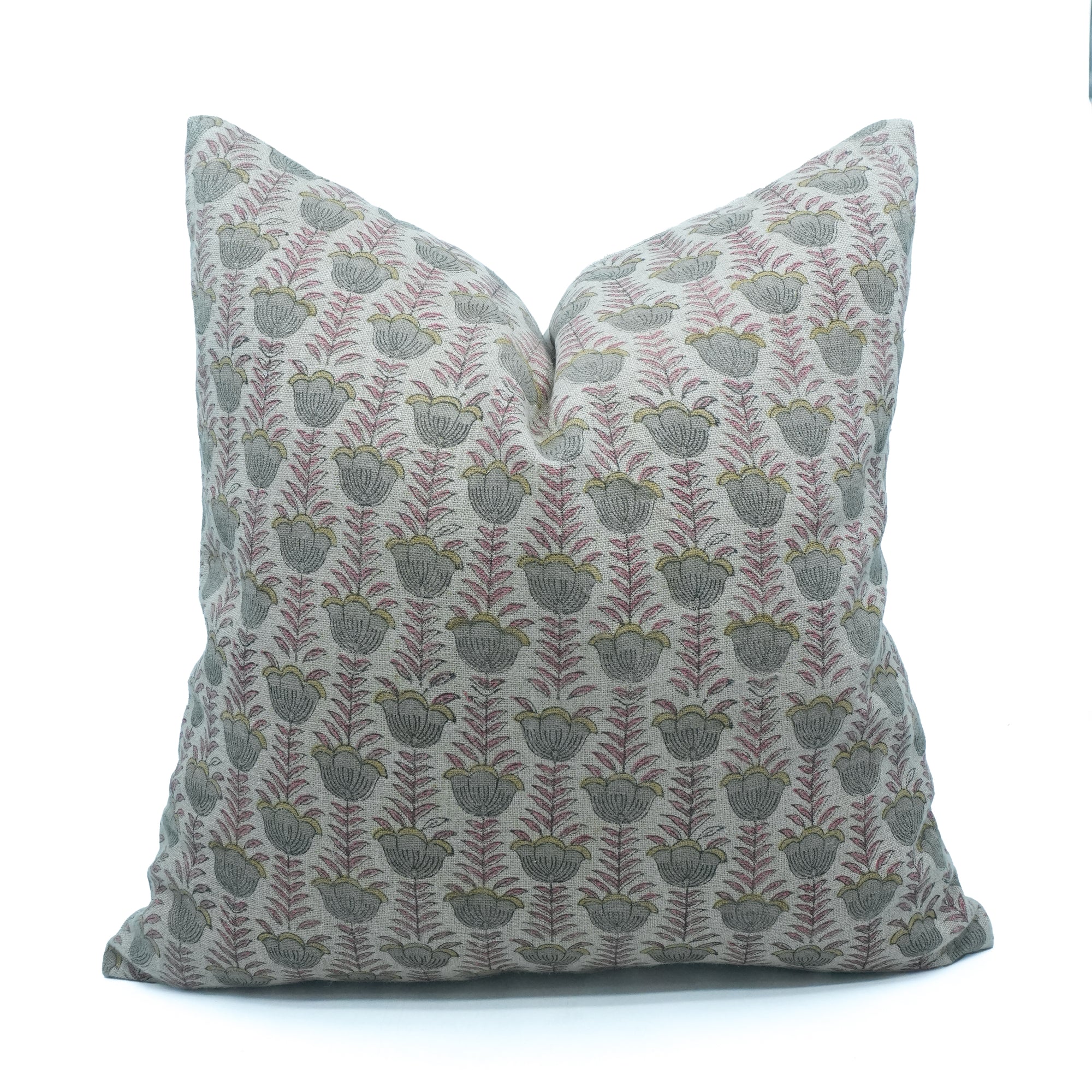 Lotus Handcrafted Thick Linen Cushion Cover Pink and Gray Floral