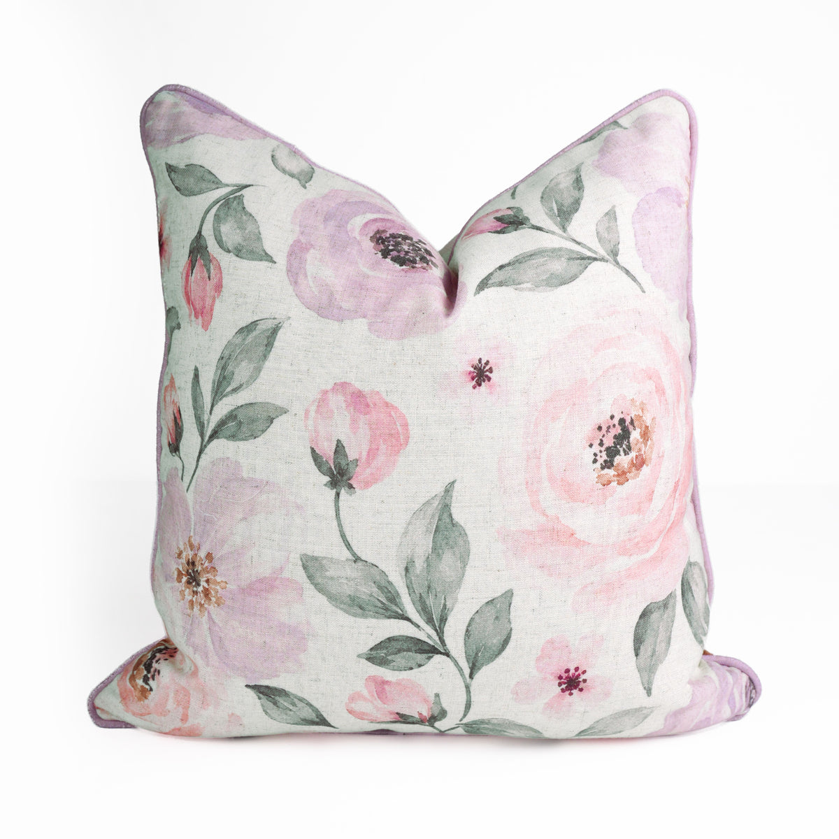 Rose Floral Printed Cream Viscose Linen Piping Cushion Cover 