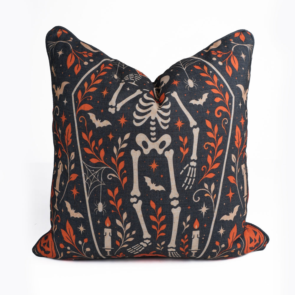 Skeleton Halloween charcoal viscose linen piping cushion cover by Fabdivine
