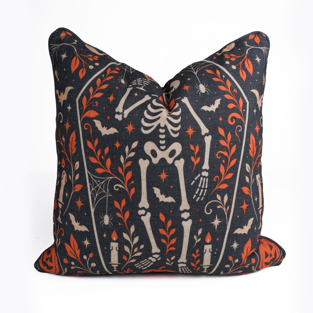 Skeleton Halloween Charcoal Viscose Linen Piping Cushion Cover 
