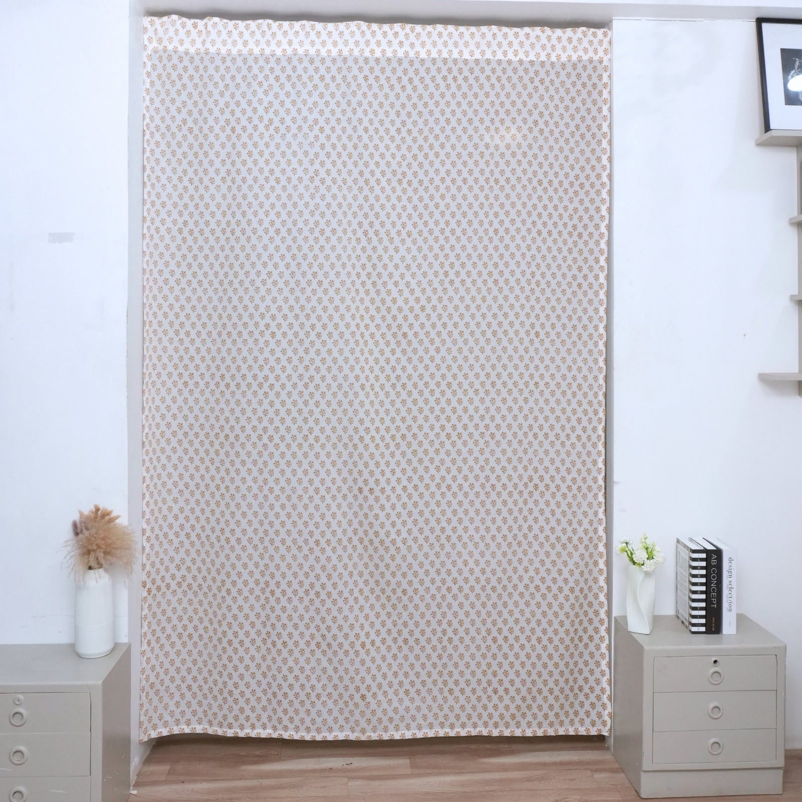 Handcrafted Yellow Floral Back Tab Cotton Curtain - Pudina
