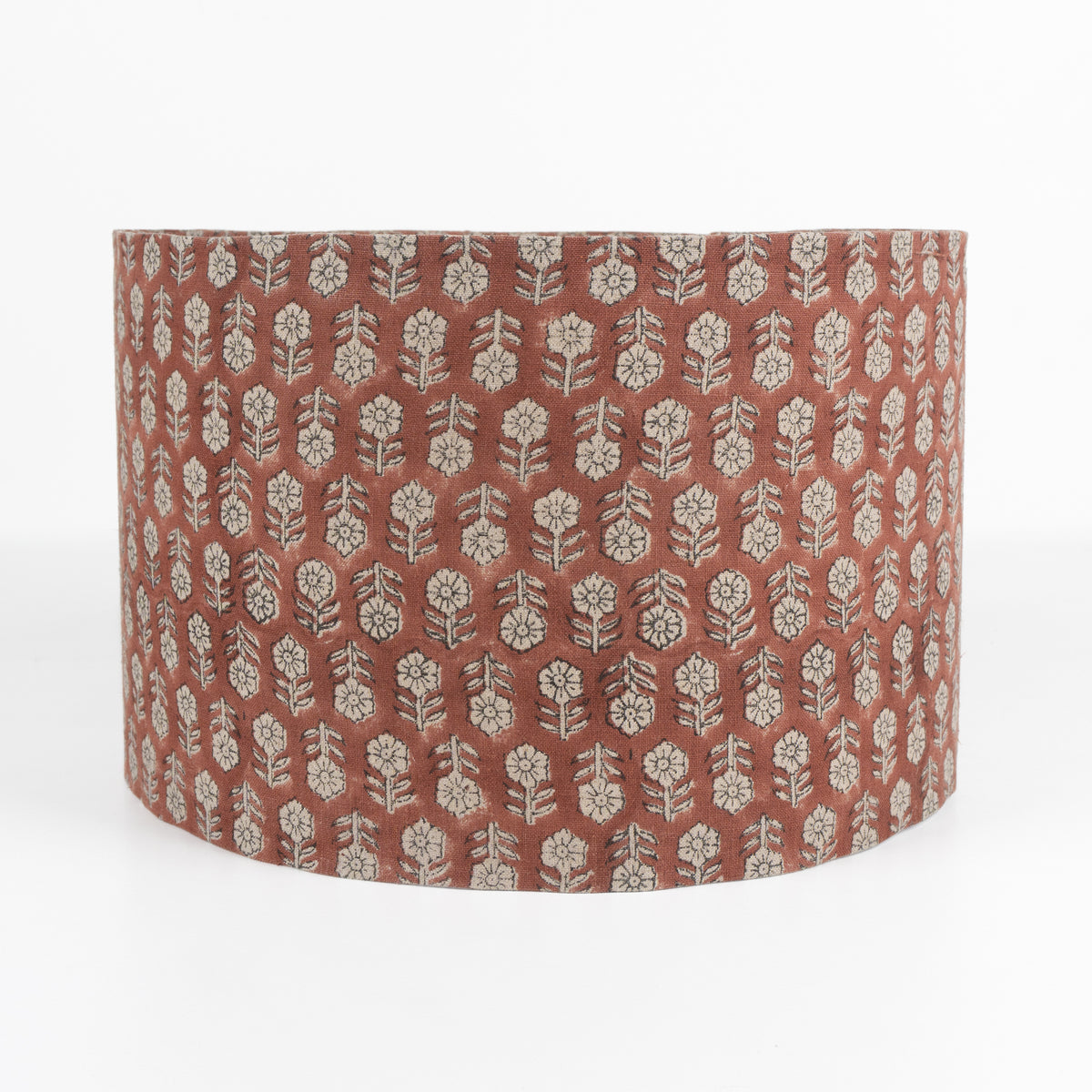 Block Print Drum Lampshade on Heavy Linen - Rust Tulsi Buti