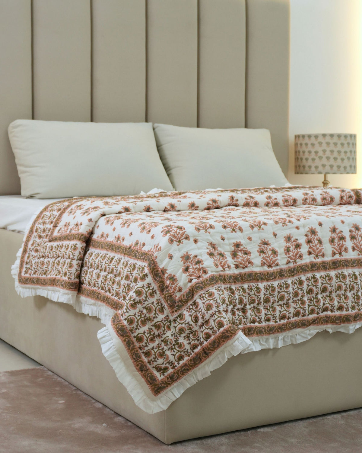 Peach Floral Block Print Border Sadabahar Bed Cotton Quilt