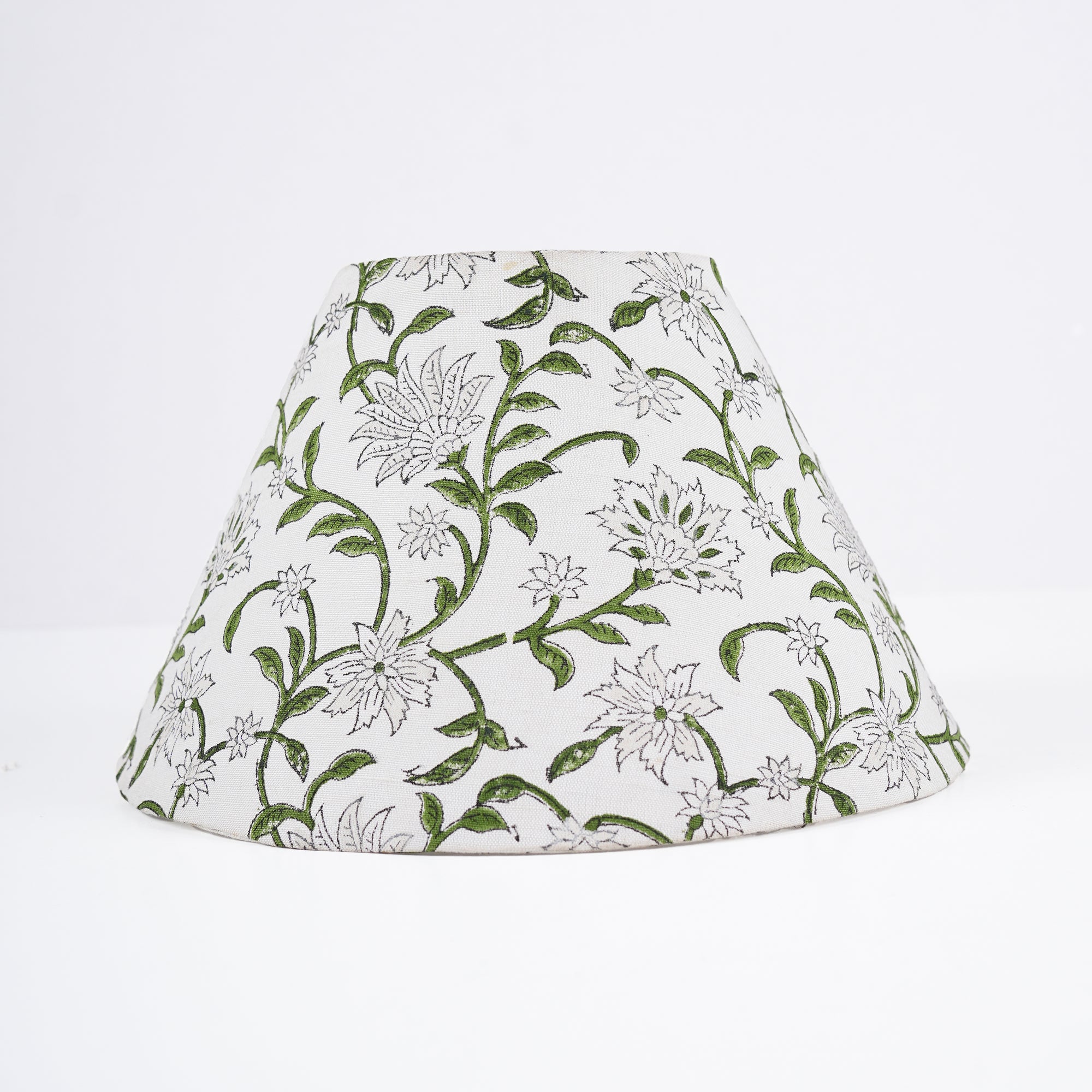 Hand Block Print Thick Cotton White Lampshade - Green Aradhana
