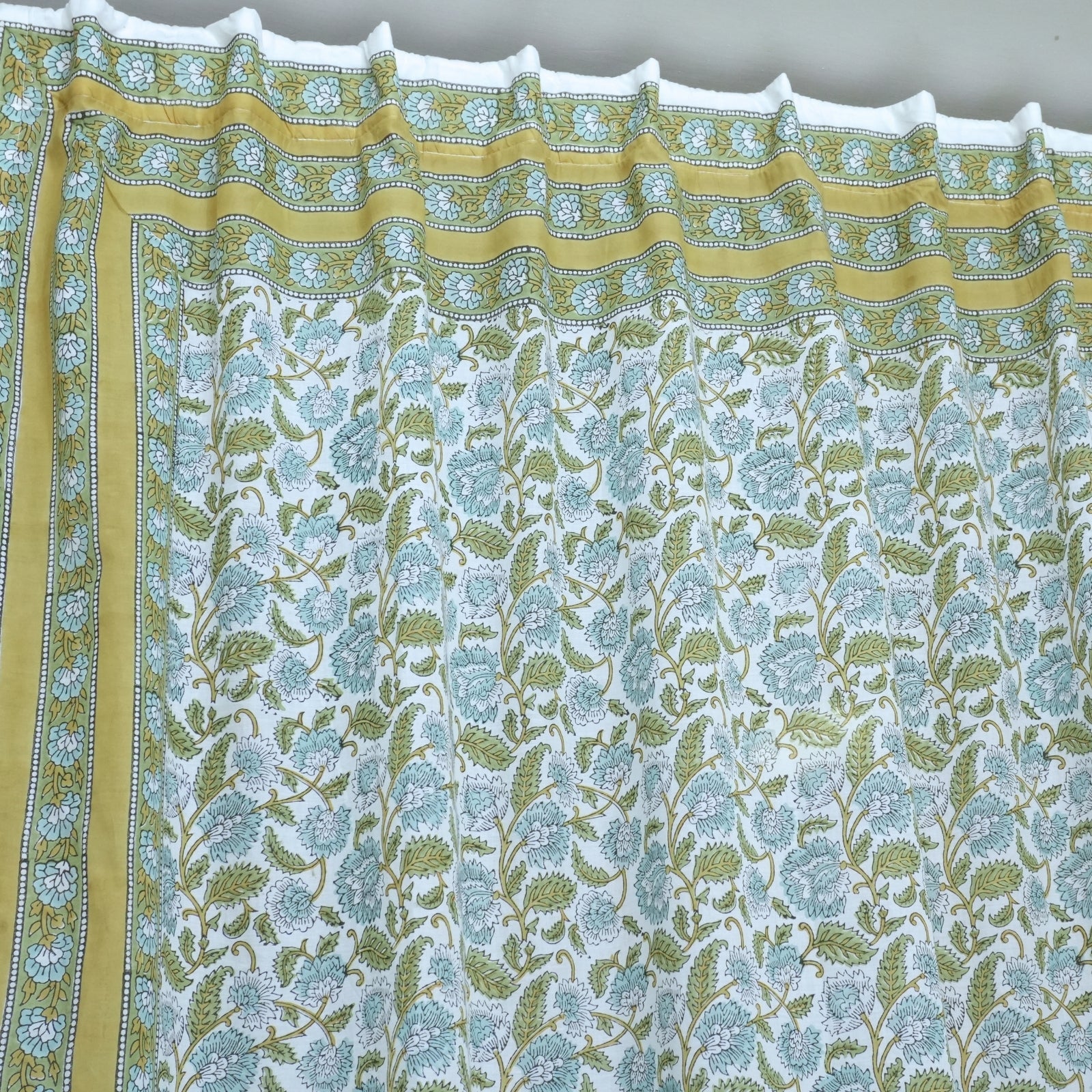 Hand Printed Blue Floral Pure Cotton Boho Curtain - Mandakani