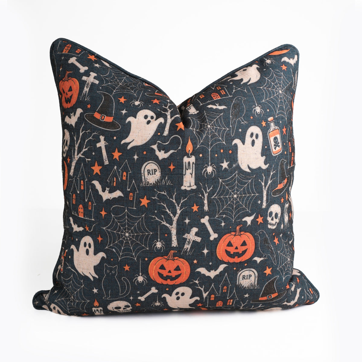 Linen Black Ghost Halloween Skeleton Piping Pillow Cover for Decor
