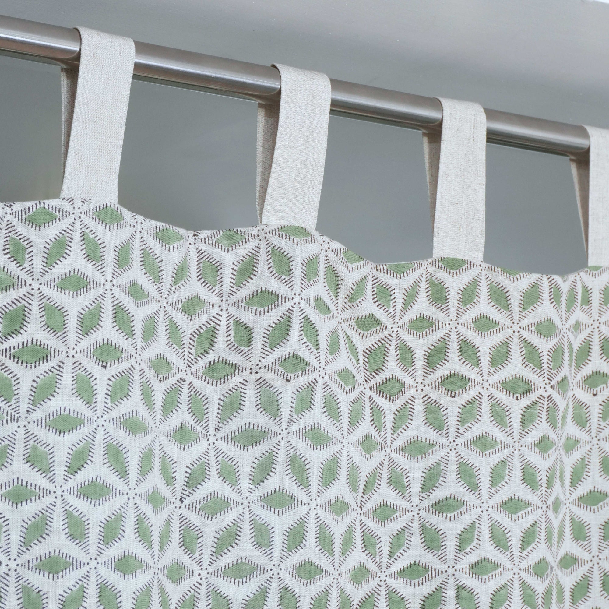 Block Print Tab Top Linen Curtains Shatkon Sage Green