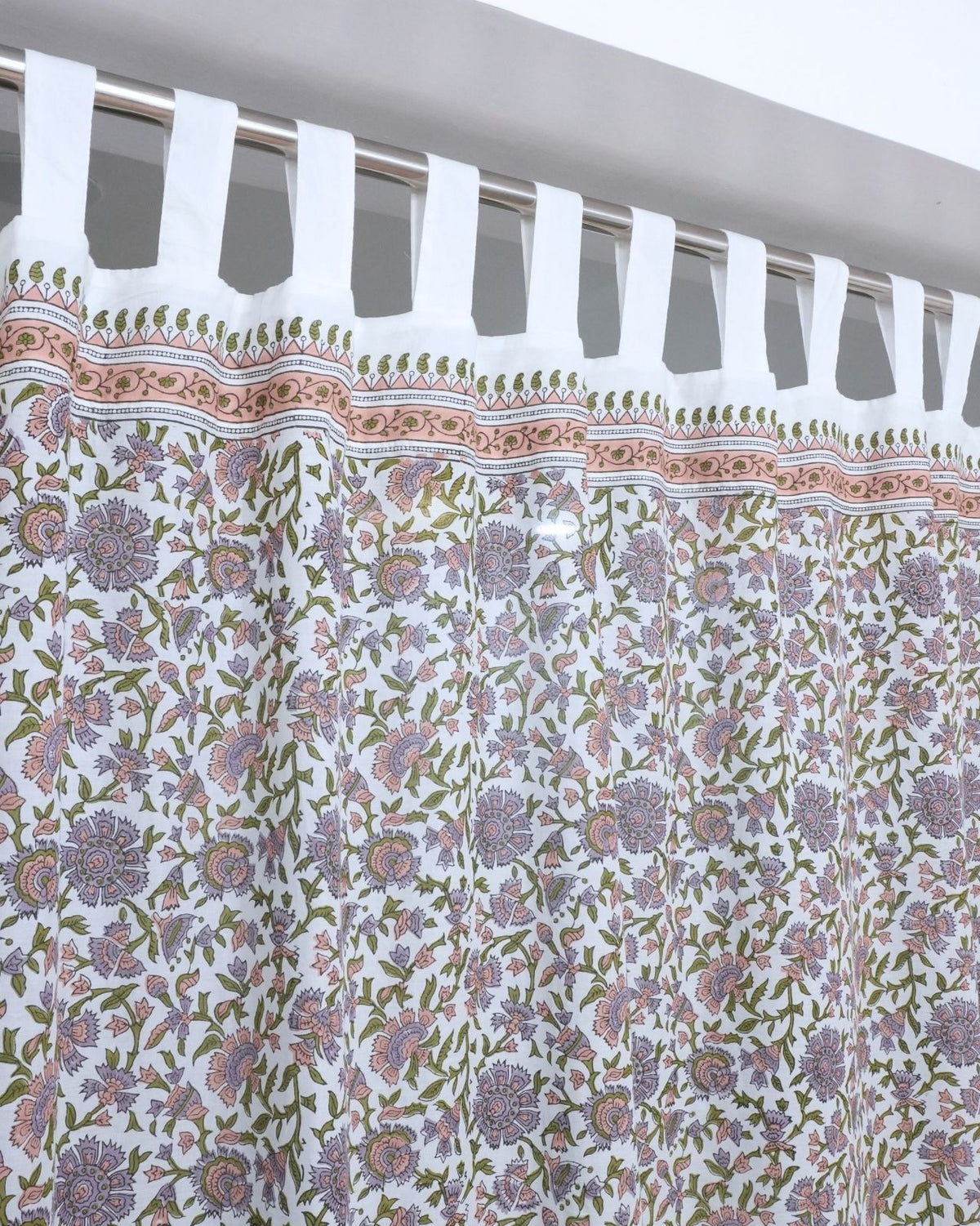 Indian Artisan Block Print Cotton Tab Top Curtain - Pushplata