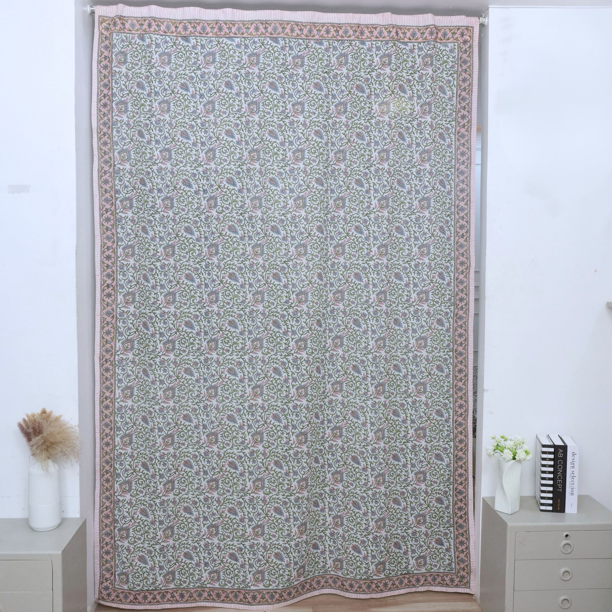 Wooden Block Print Pink Floral Cotton Curtain - Hawamahal