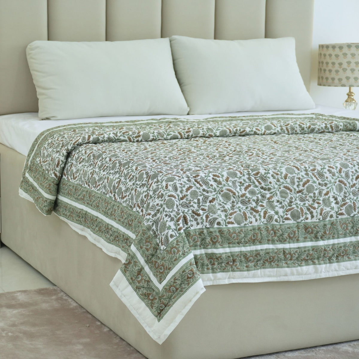 Block Print Sage Green Cotton Reversible Quilt - Gopi