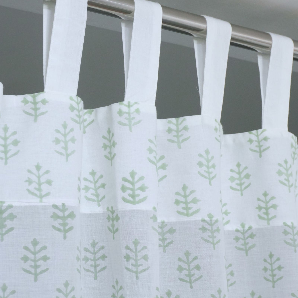 Jasmine Block Print Sage Green 100% Cotton Tab Top Curtain