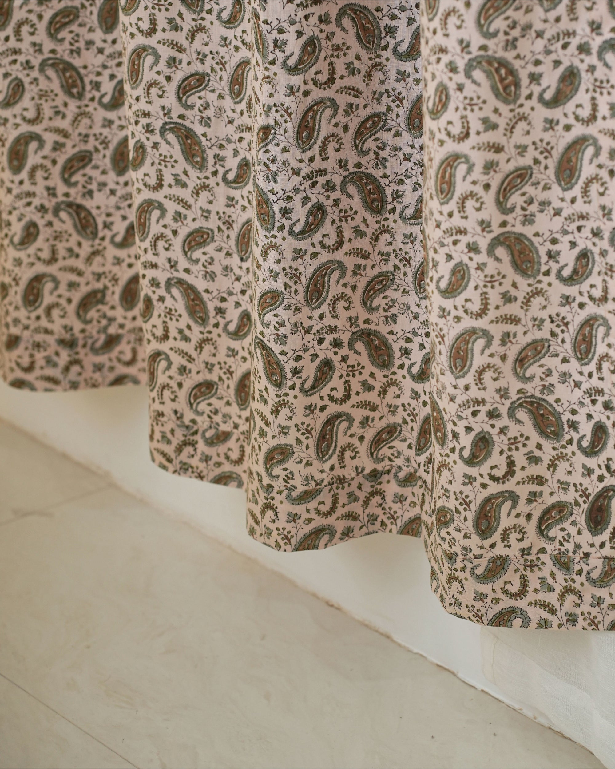 Wooden Block Print Gray Floral Window Drapery Curtains - Keri Jaal