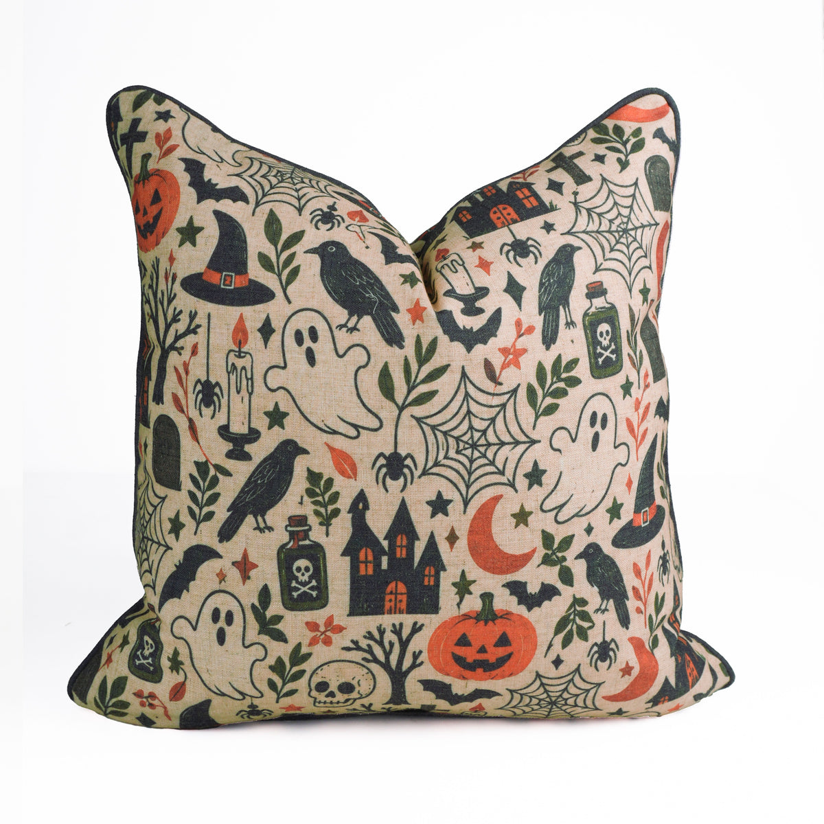 Halloween Printed Beige Linen Piping Pillow Cover - BooMix