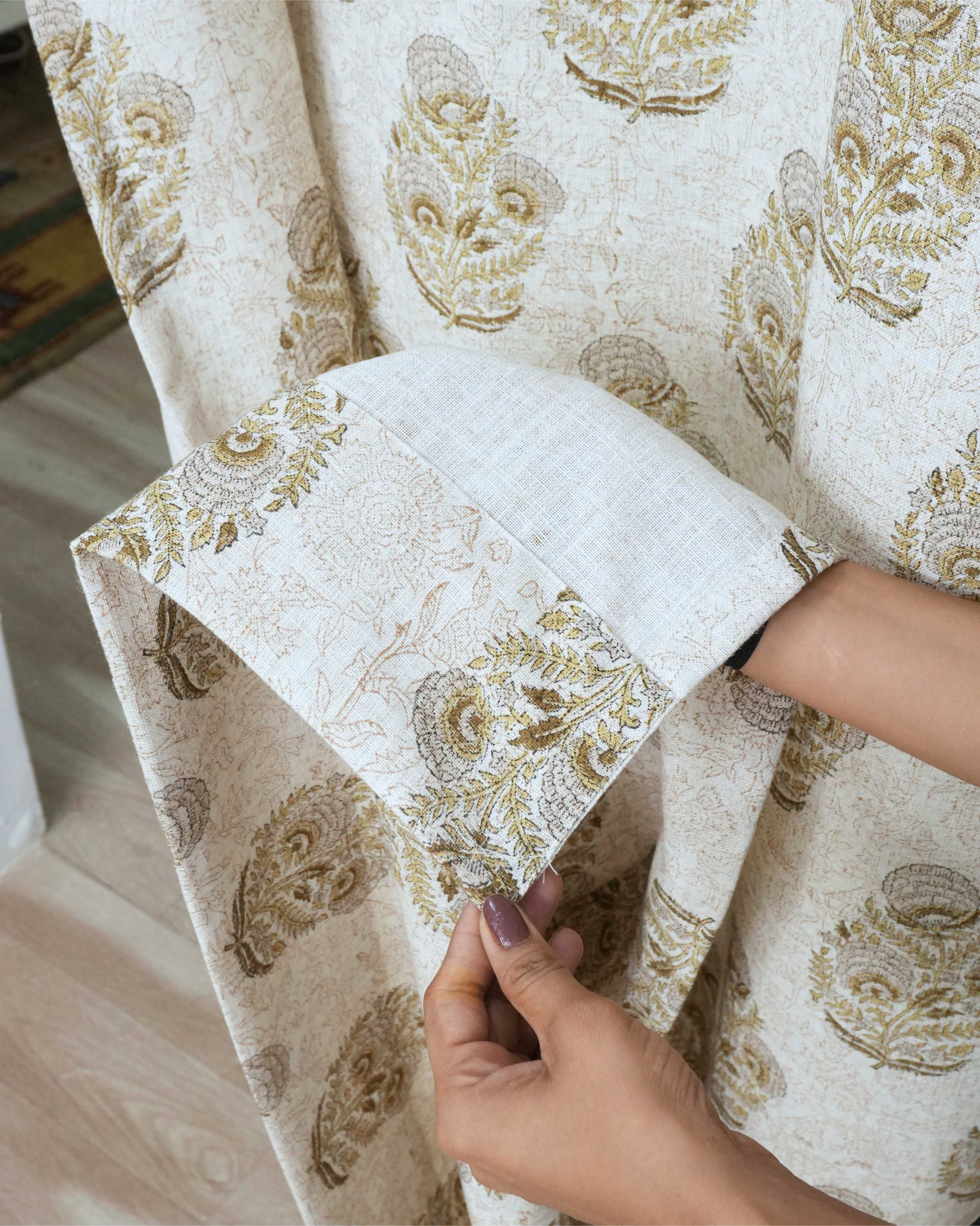 Wooden Block Gray Floral Linen Bedroom Drapery - Mohini
