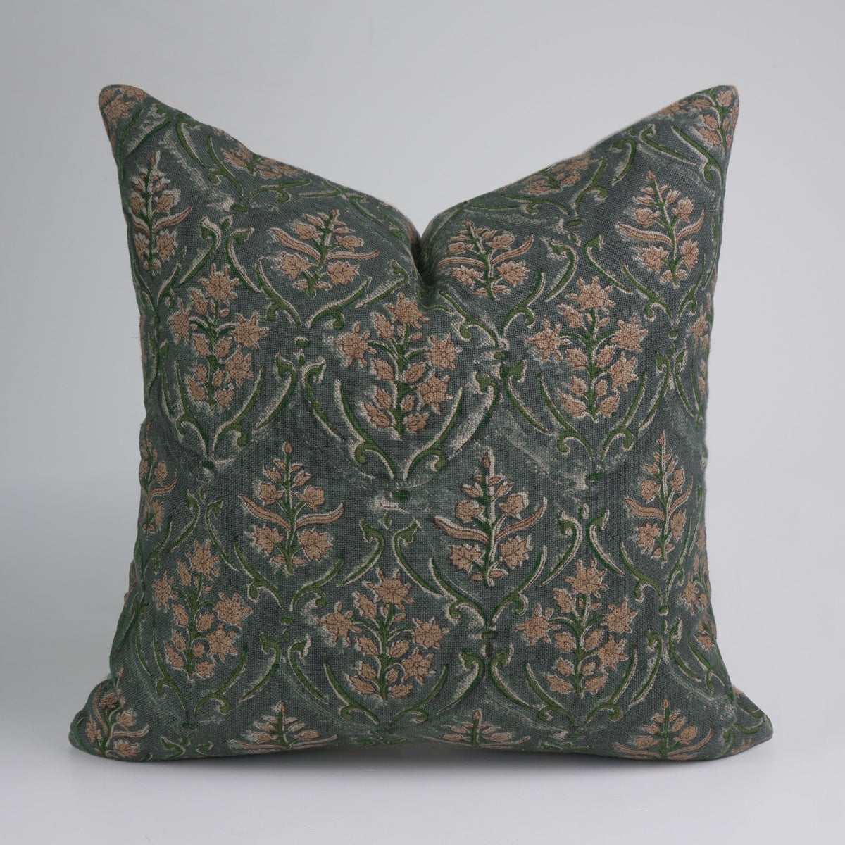 Vishalpushp Tan & Olive Trellis Block Print Cushion Forest Linen