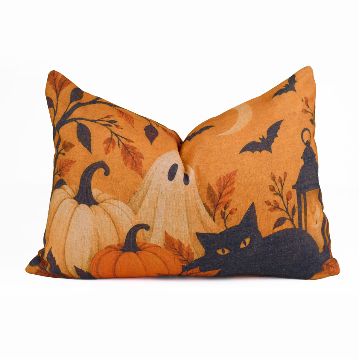 Haunted Cat Printed Orange Linen Lumbar Pillow Cover