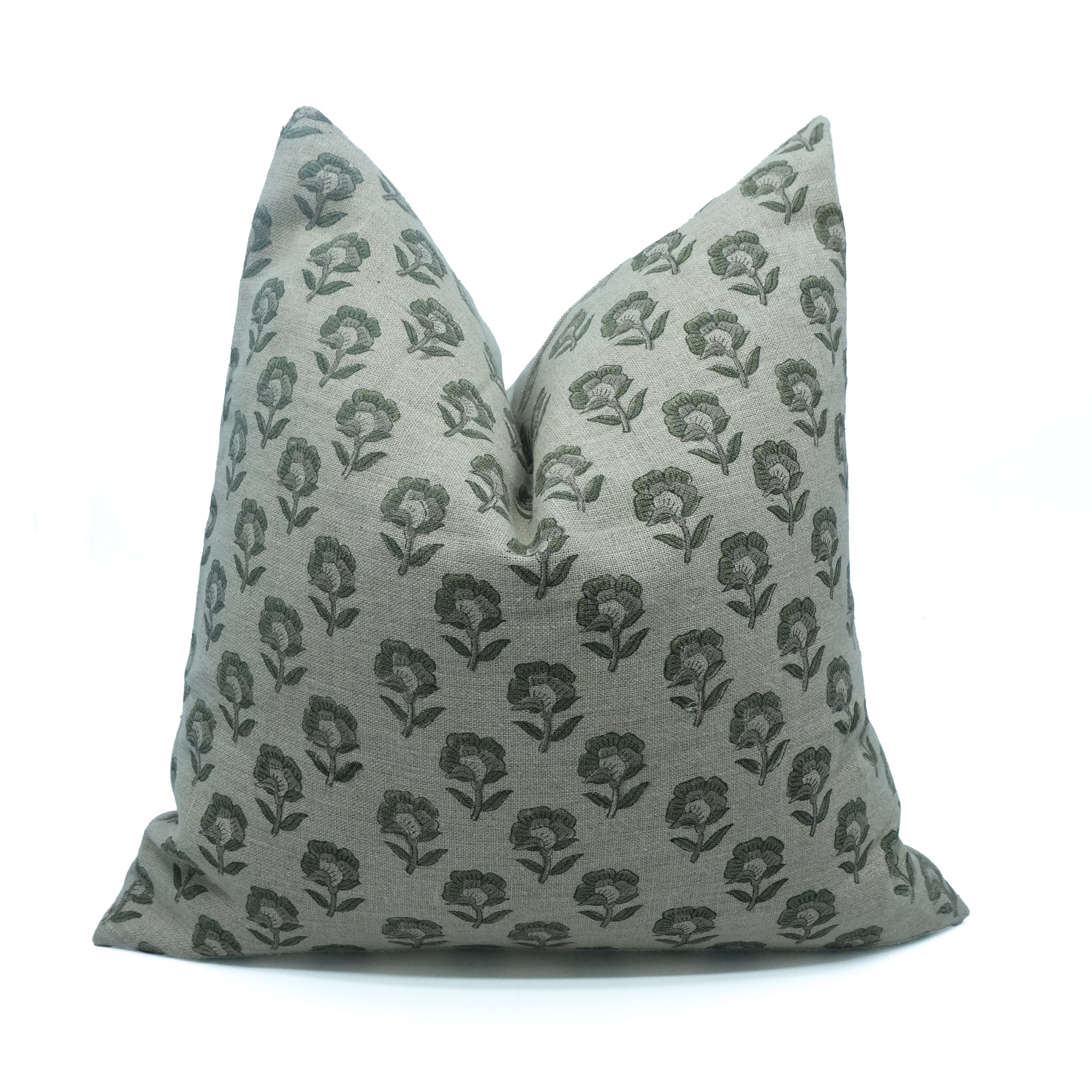 Rohini Gray Floral Block Print Thick Linen Pillow Cover 