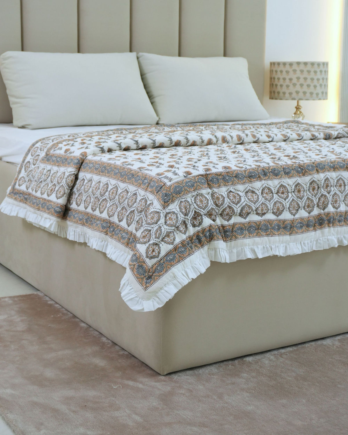 Handcrafted Block Print Gold Daffodil Cotton Reversible Quilt 