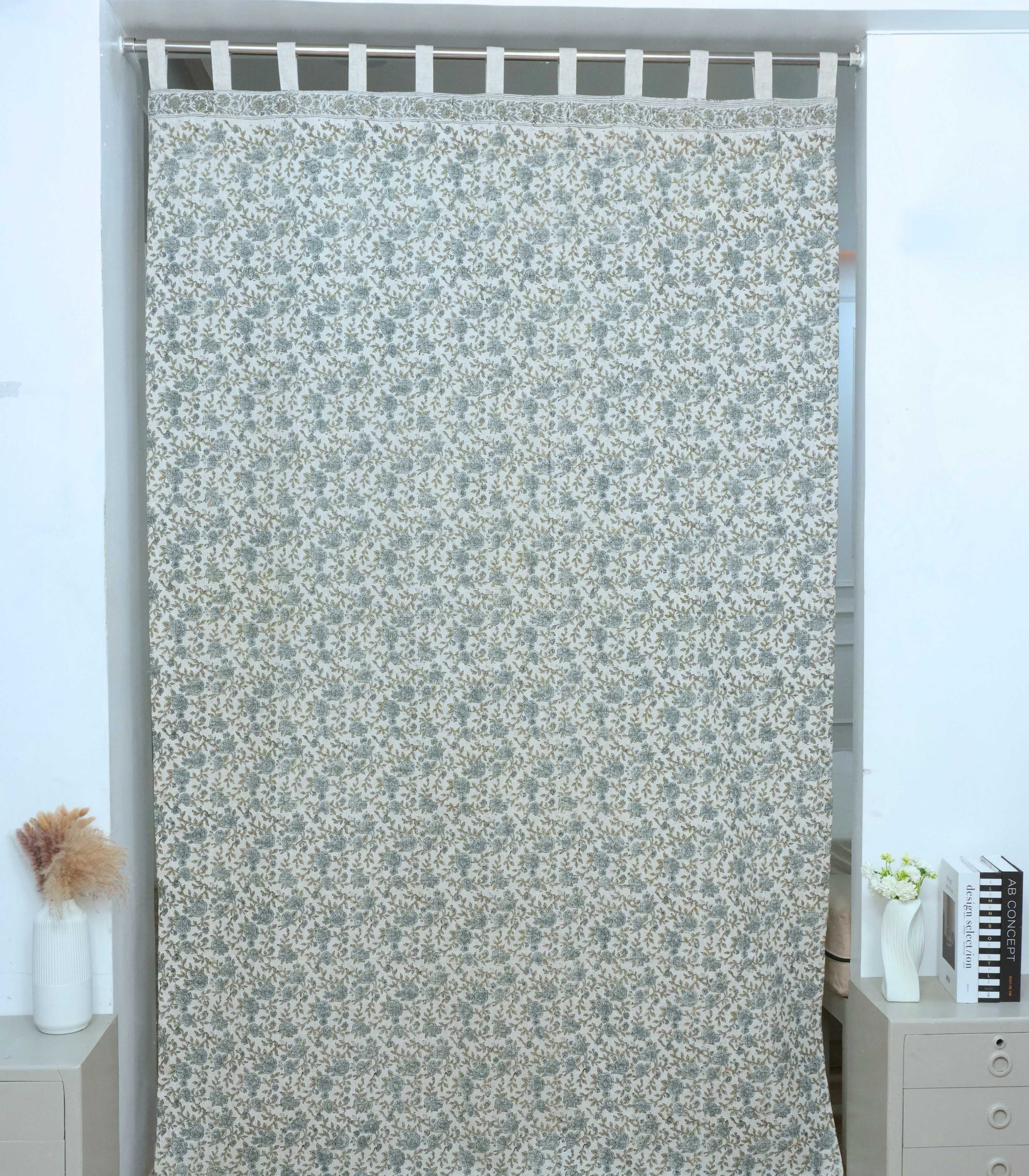 Block Print Gray Floral Heavy Viscose Linen Drapes Curtains - Suman