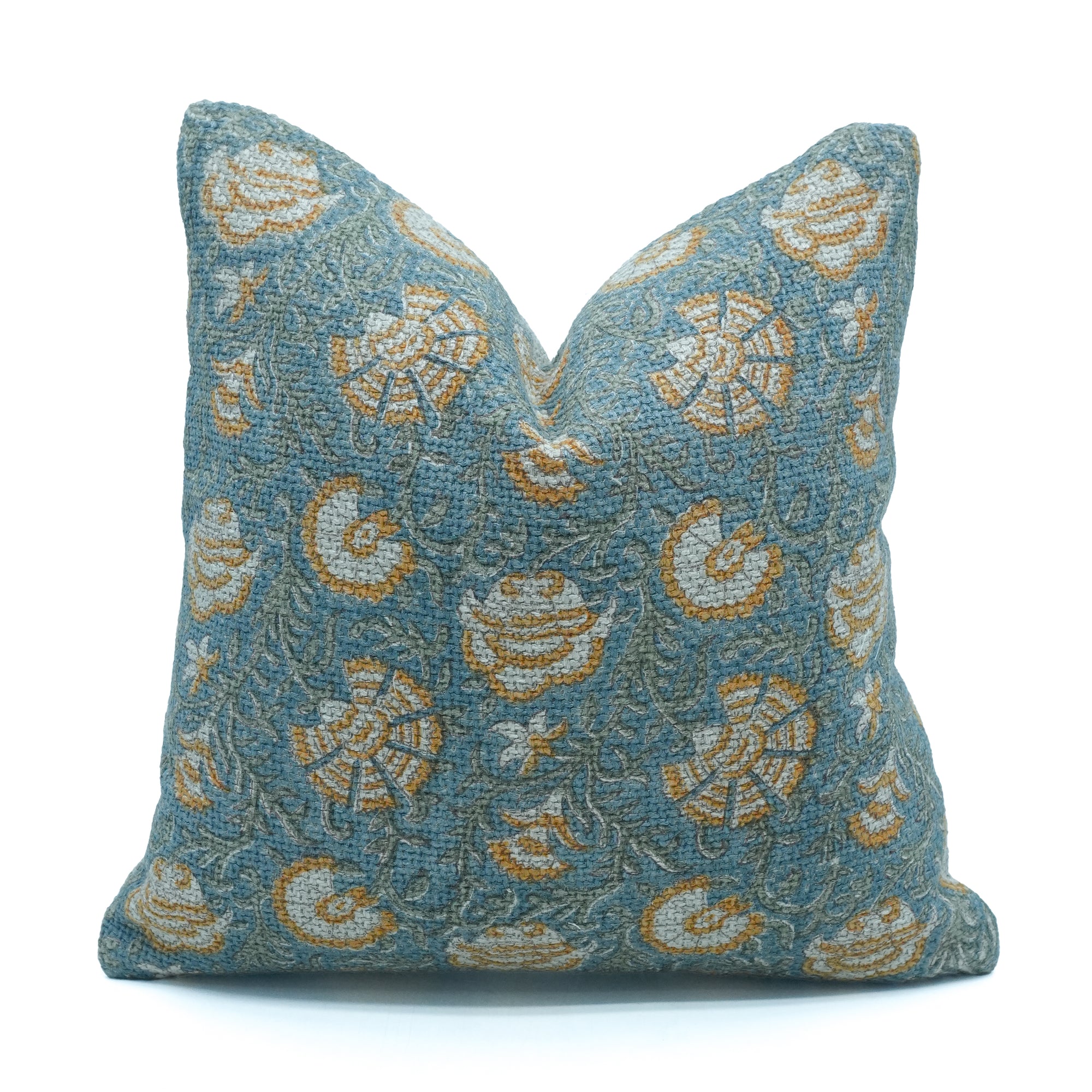 Vasundhra Hand Block Print Jute Linen Cushion Cover Blue Floral