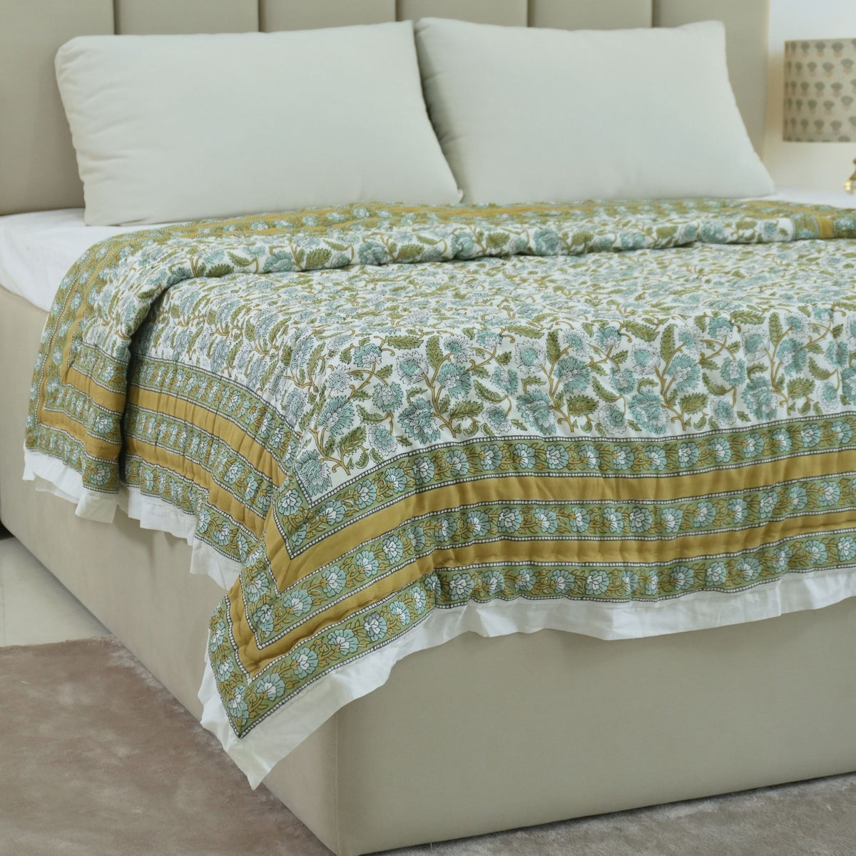 Indian Block Printing Floral Border Cotton Quilt - Mandakani