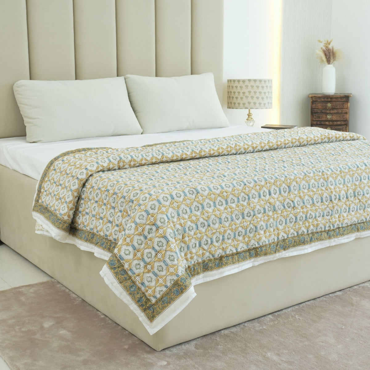 Jaipur Artisan Made Mustard Jarokha Cotton Reversible Quilt