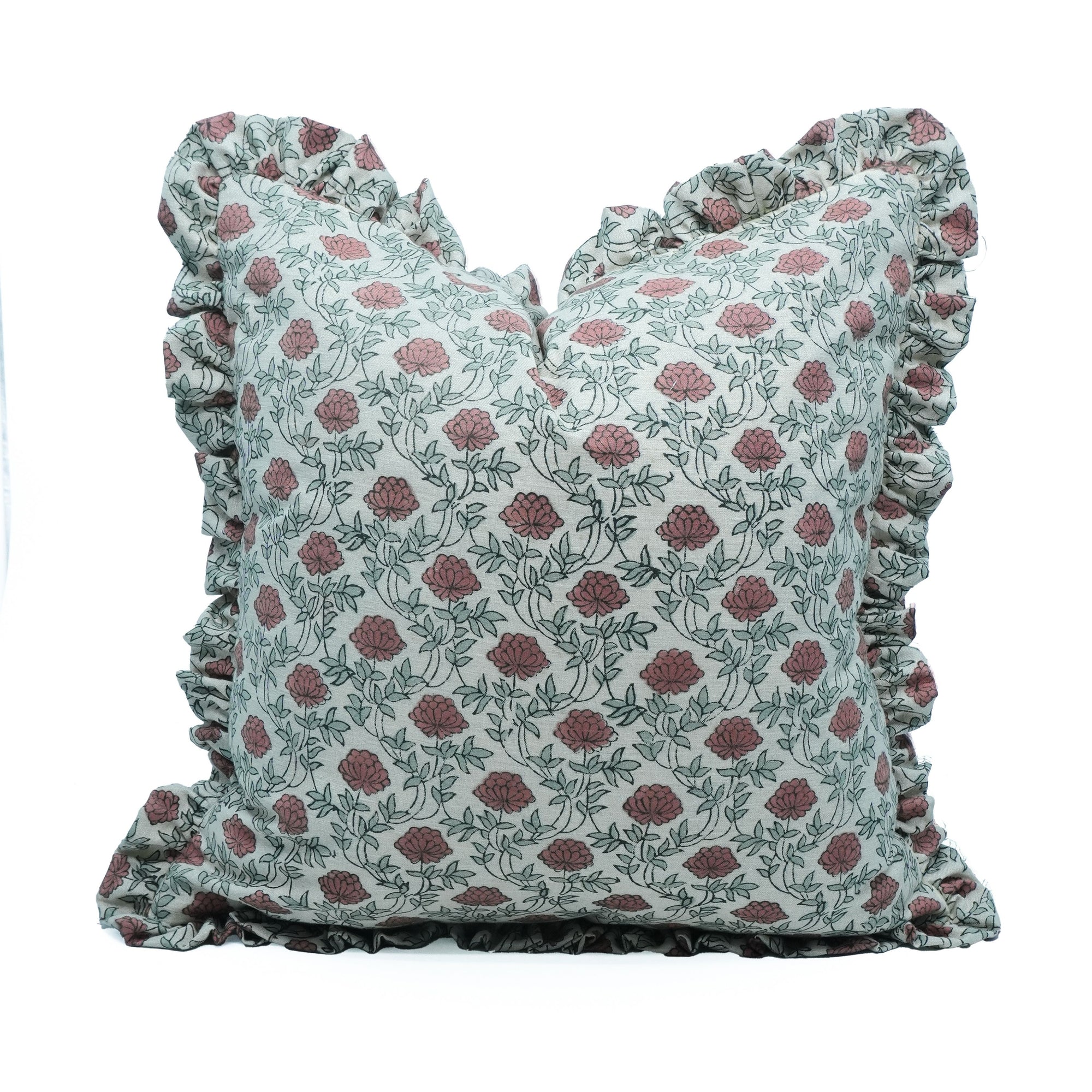 Block Print Red Floral Farmhouse Frill Pillow Cover - Khushbu