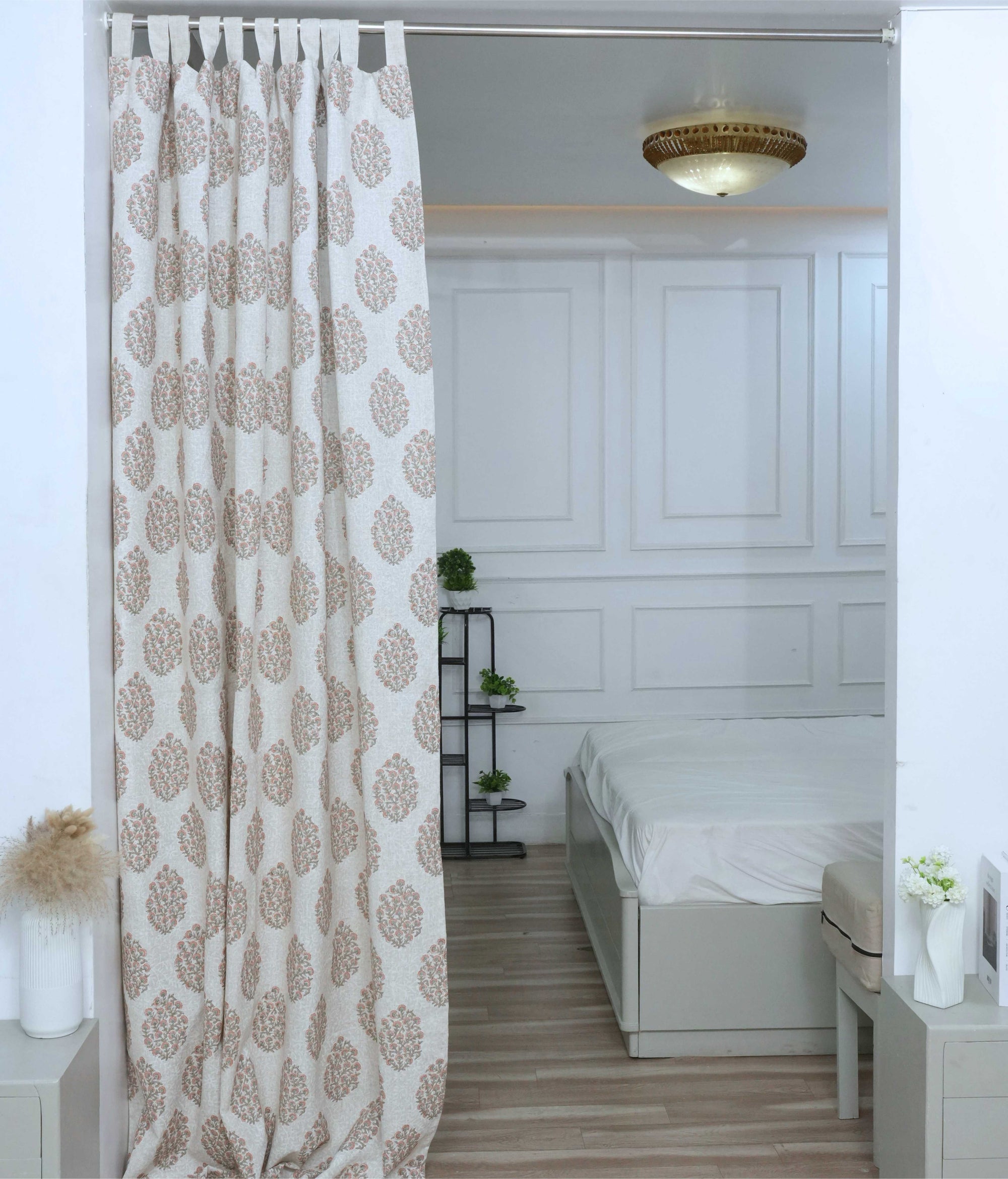 Gudhal Hand Block Print Tab Top Curtains | Pink Linen