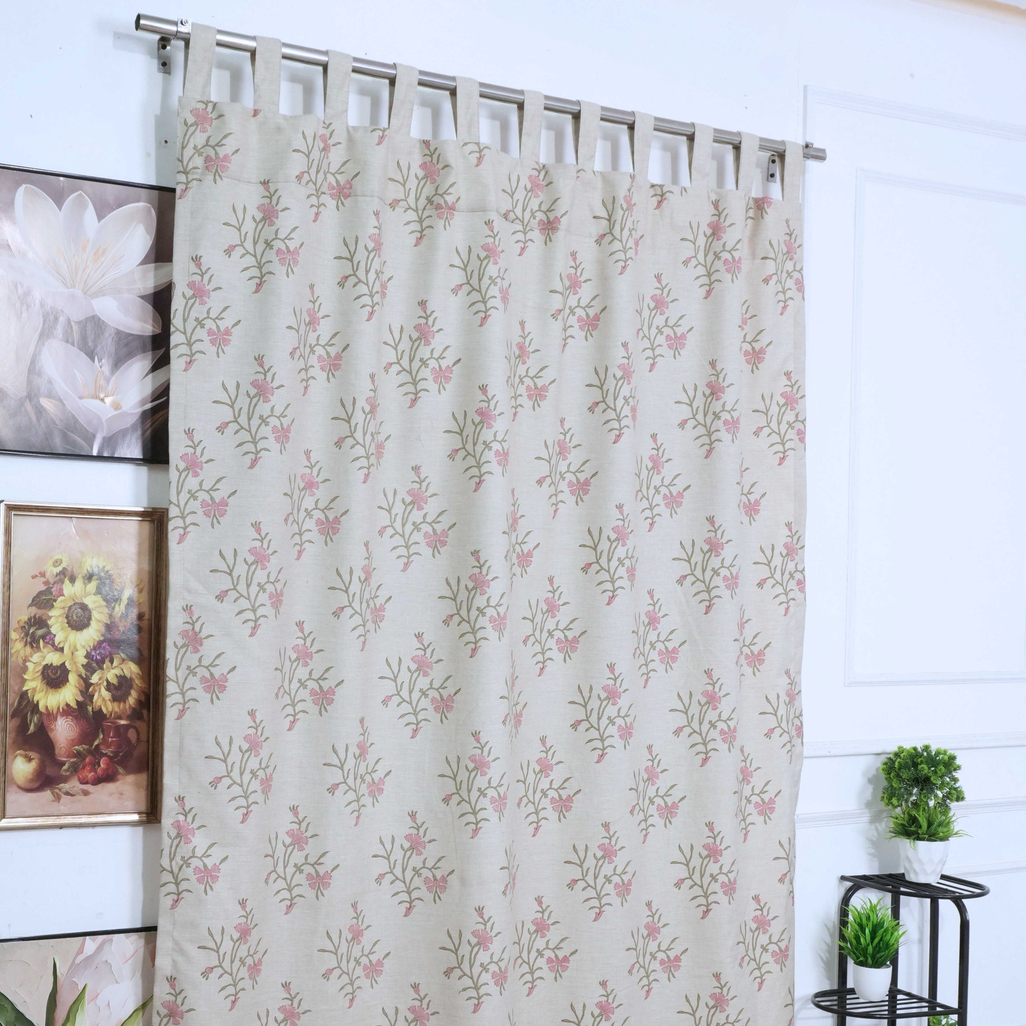 Strawberry Hand Block Print Tab Top Curtains | Pink Linen