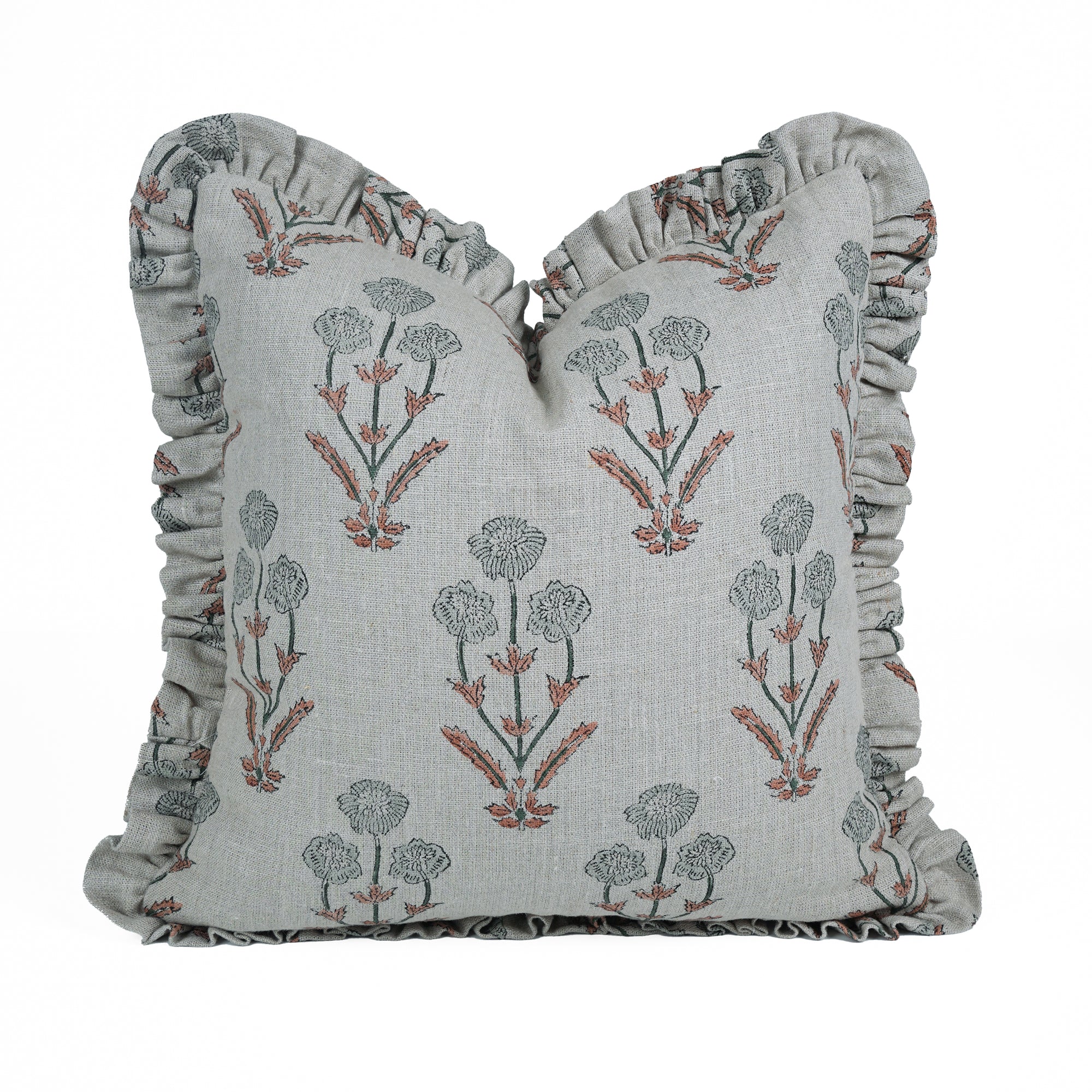 Amitabh Block Print Linen Ruffled Frill Cushion Cover