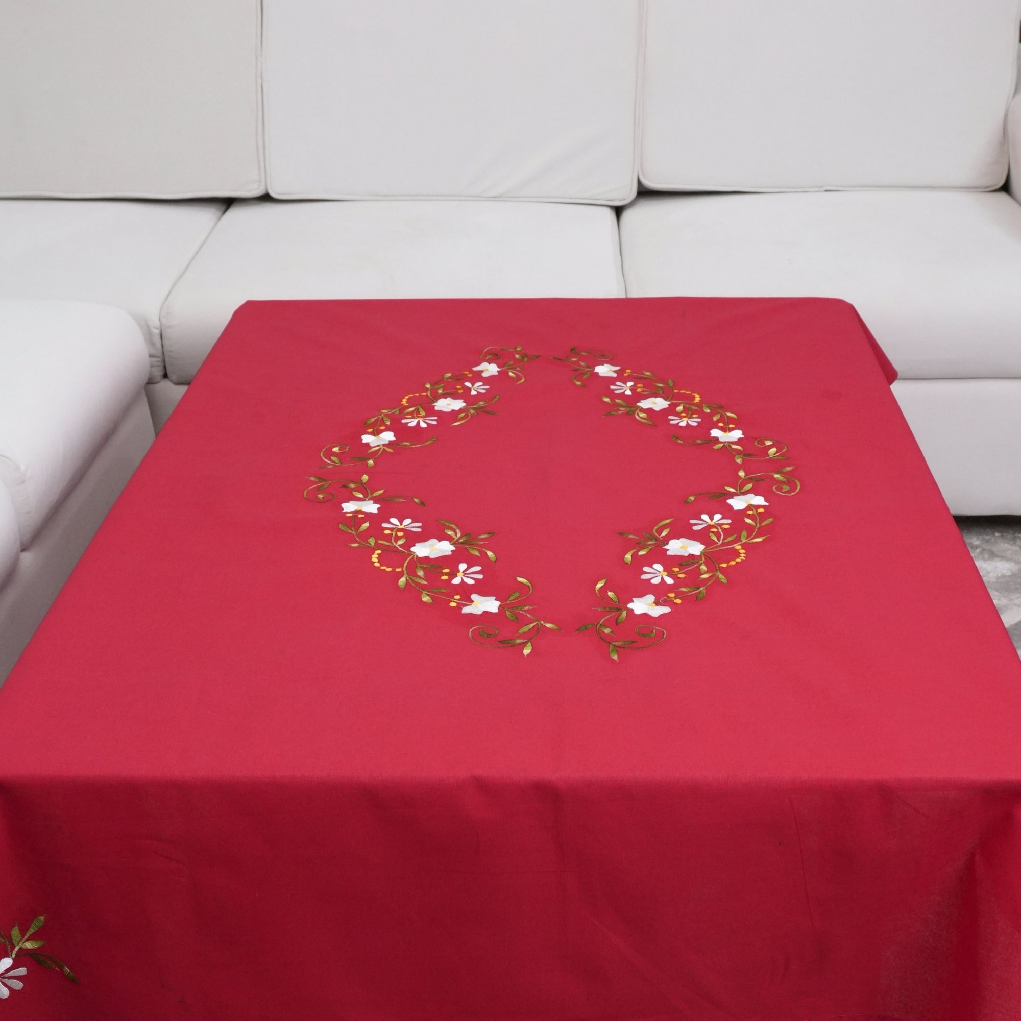Red Green Floral Embroidered Cotton Table Cover | Dining Decor