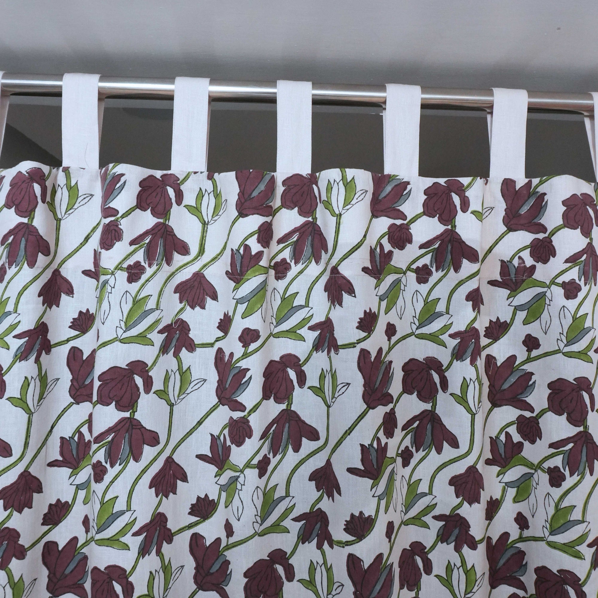 Shivri Dark Brown Floral Block Print Viscose Linen Tab Top Curtains