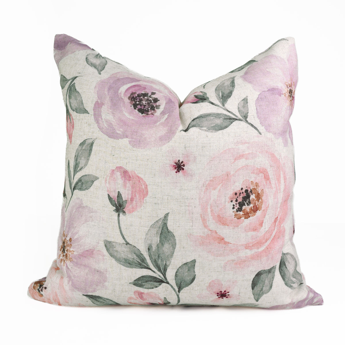 Pink Rose Floral Printed Natural Cream Linen Pillow Cover