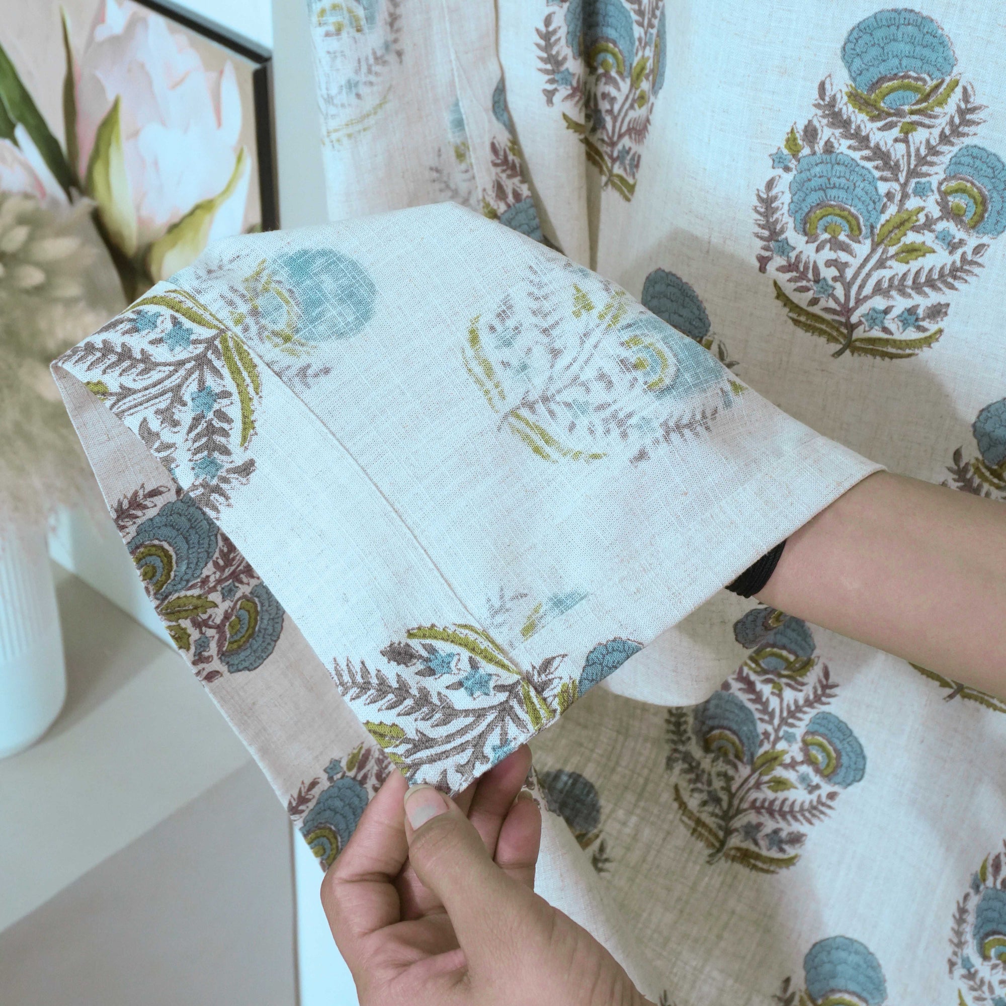Mohini Hand Block Print Tab Top Curtains | Blue Linen