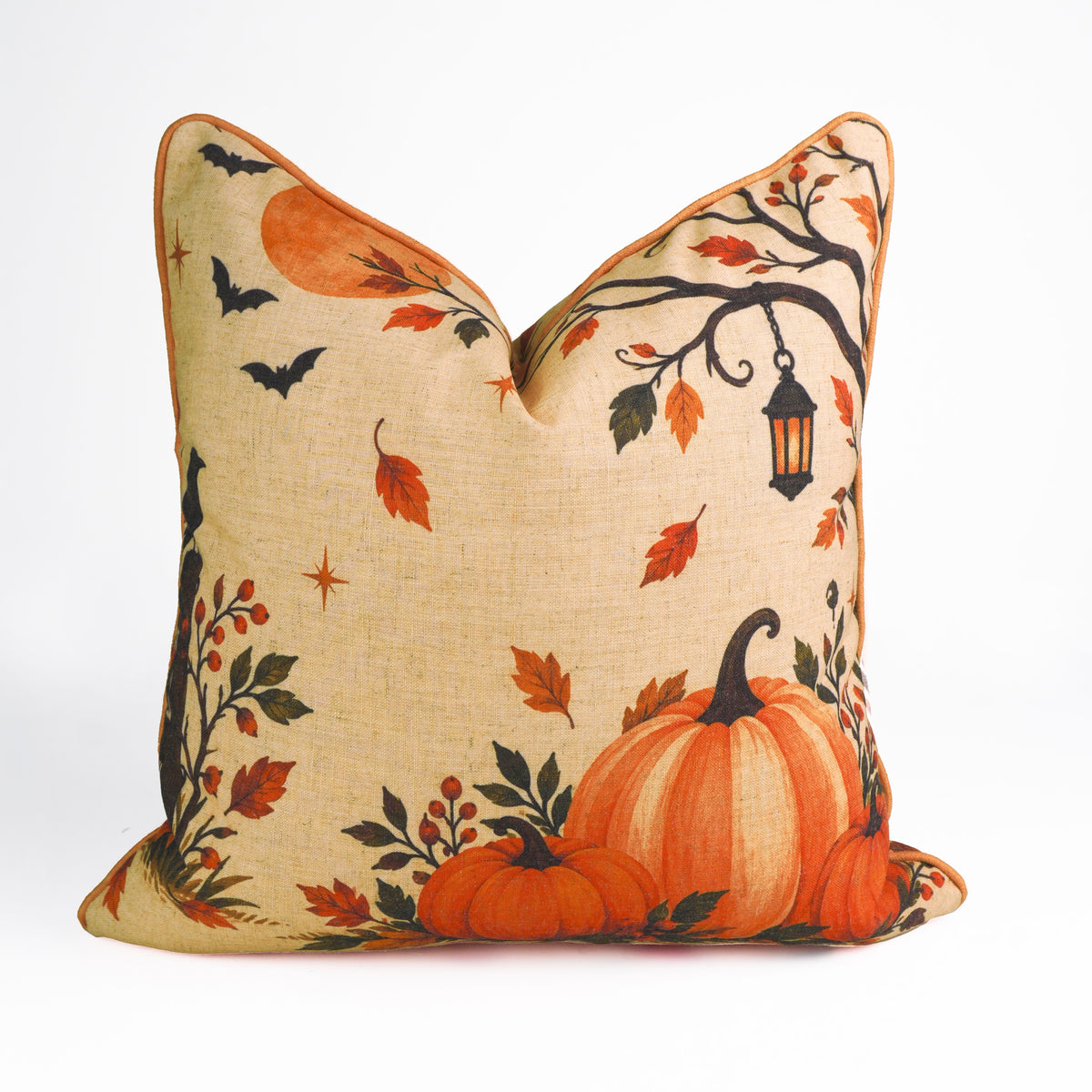 Halloween Pumpkin Viscose Linen Decor Piping Pillow Cover - Kadu