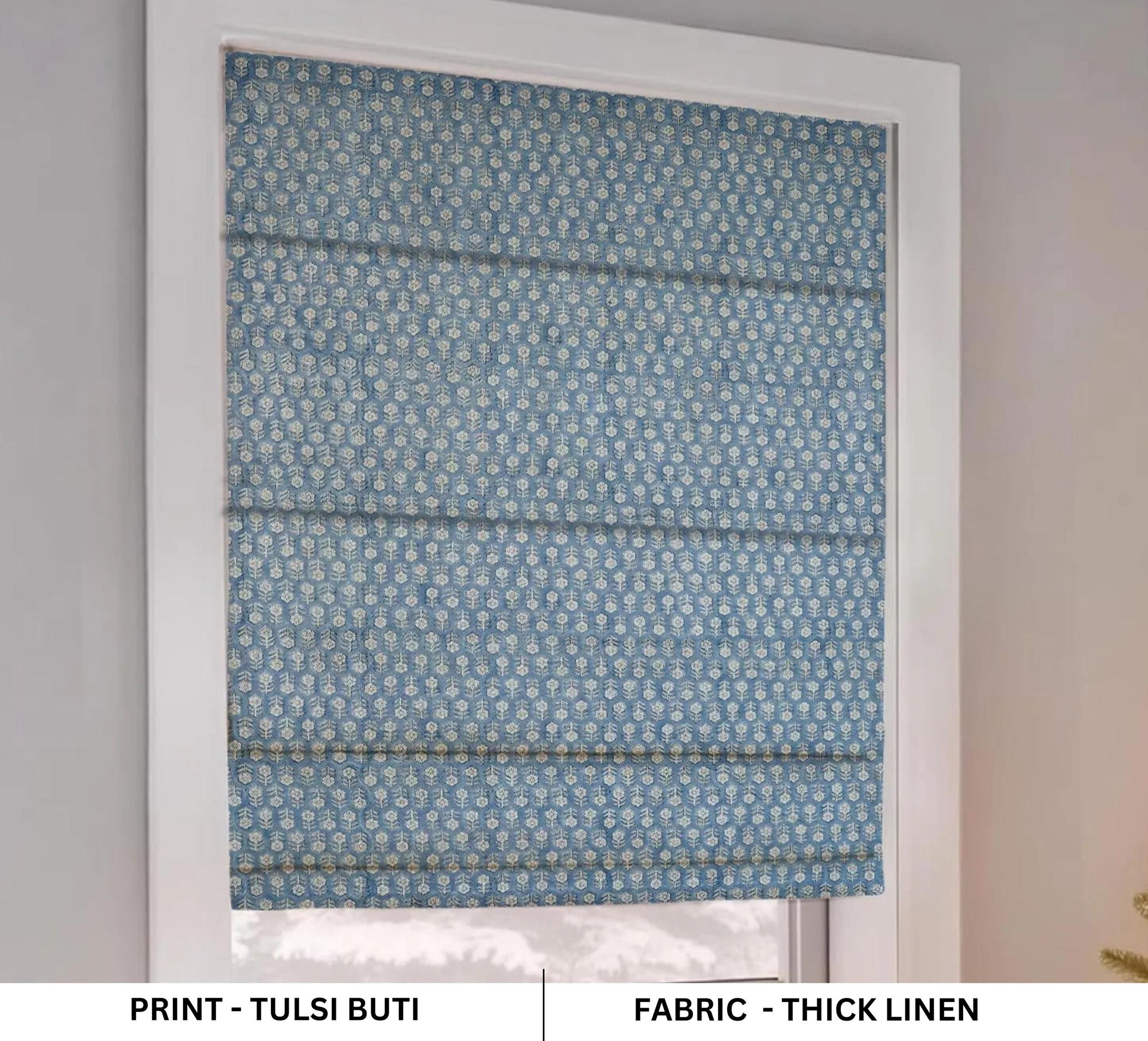 Decorative roman blinds in linen with handmade floral designs. These artisanal shades bring a soft natural look to your interiors, blending tradition with everyday comfort.