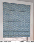 Decorative roman blinds in linen with handmade floral designs. These artisanal shades bring a soft natural look to your interiors, blending tradition with everyday comfort.